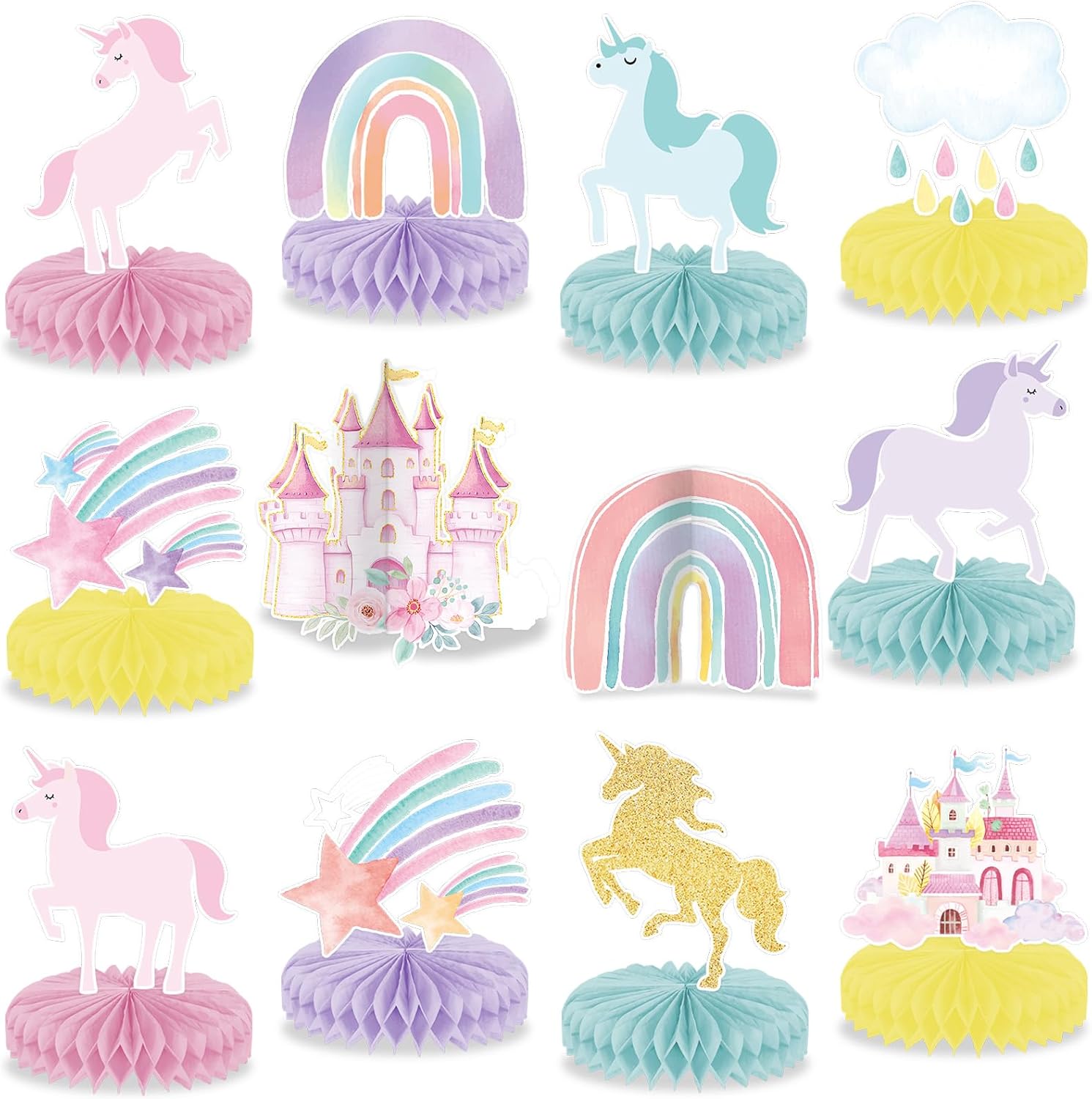 12Pcs Rainbow Unicorn Table Honeycomb Centerpieces Unicorn Birthday Decor | Pastel Paper Castle Table Topper Centerpiece, for Girls Princess Happy Birthday Baby Shower Party Decor