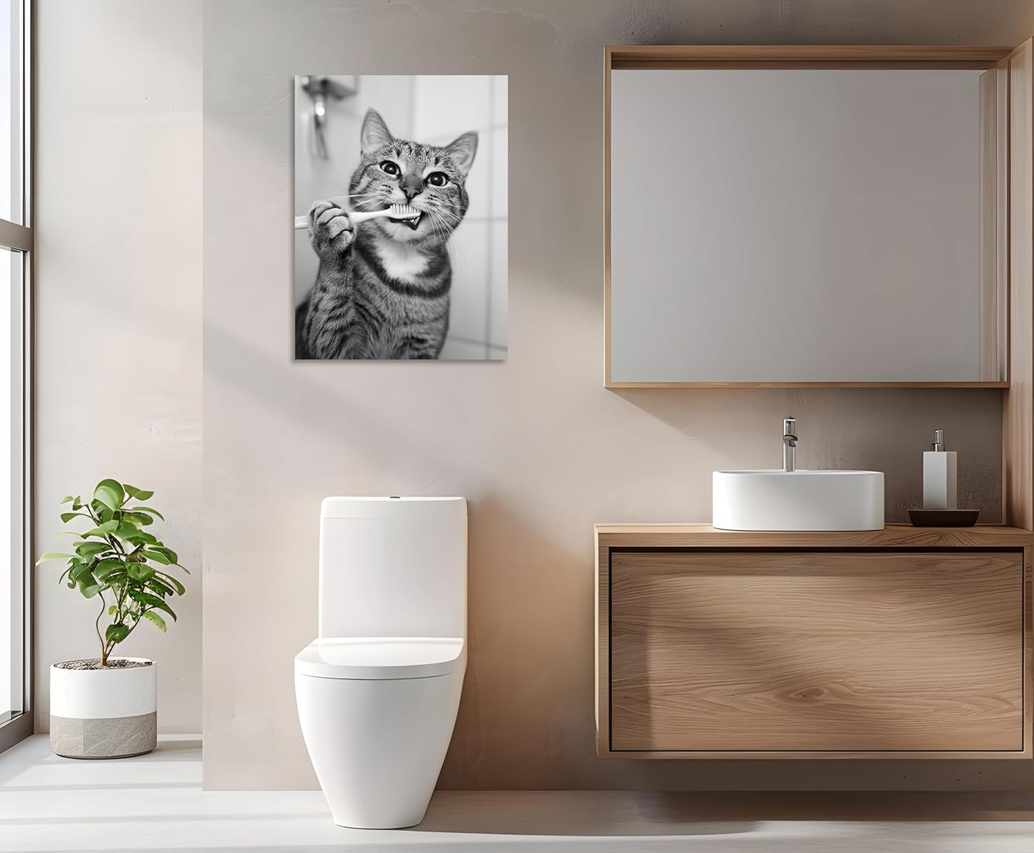 OWNANRTHM Cat Bathroom Canvas Wall Art Funny Animal Bathroom Wall Art Cat Brushing Teeth Bathroom Painting Black and White Animal Bathroom Pictures for Bathroom Restroom Wall Framed 16X20 inch