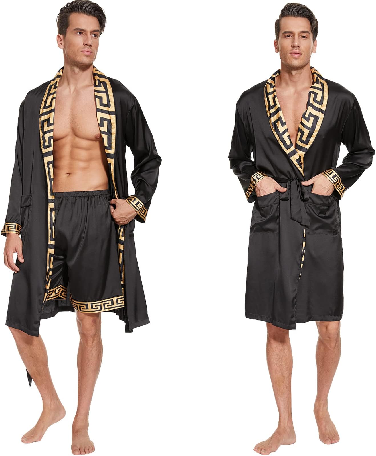 Men's Luxurious Silk Feeling Bathrobes Long Sleeve Satin Kimono Robe with Shorts Sleepwear Set Printed Bathrobes…