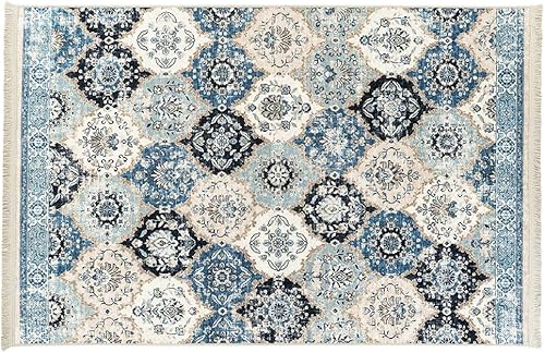 Miniatura 8 de Alfombra de área de 5 x 7, alfombra ultra fina, bohemia, azul y crema, antideslizante, lavable a máquina