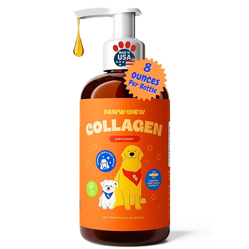 Colágeno Líquido para Cães e Gatos PAWW CHEW com Biotina, MSM e Vitamina C, Sabor Bacon, 240 mL