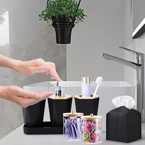 Miniatura 8 de Juego de accesorios de baño negros de 10 piezas basura, dispensador de jabón, funda de pañuelos, jabonera, soporte para cepillo de inodoro, soporte