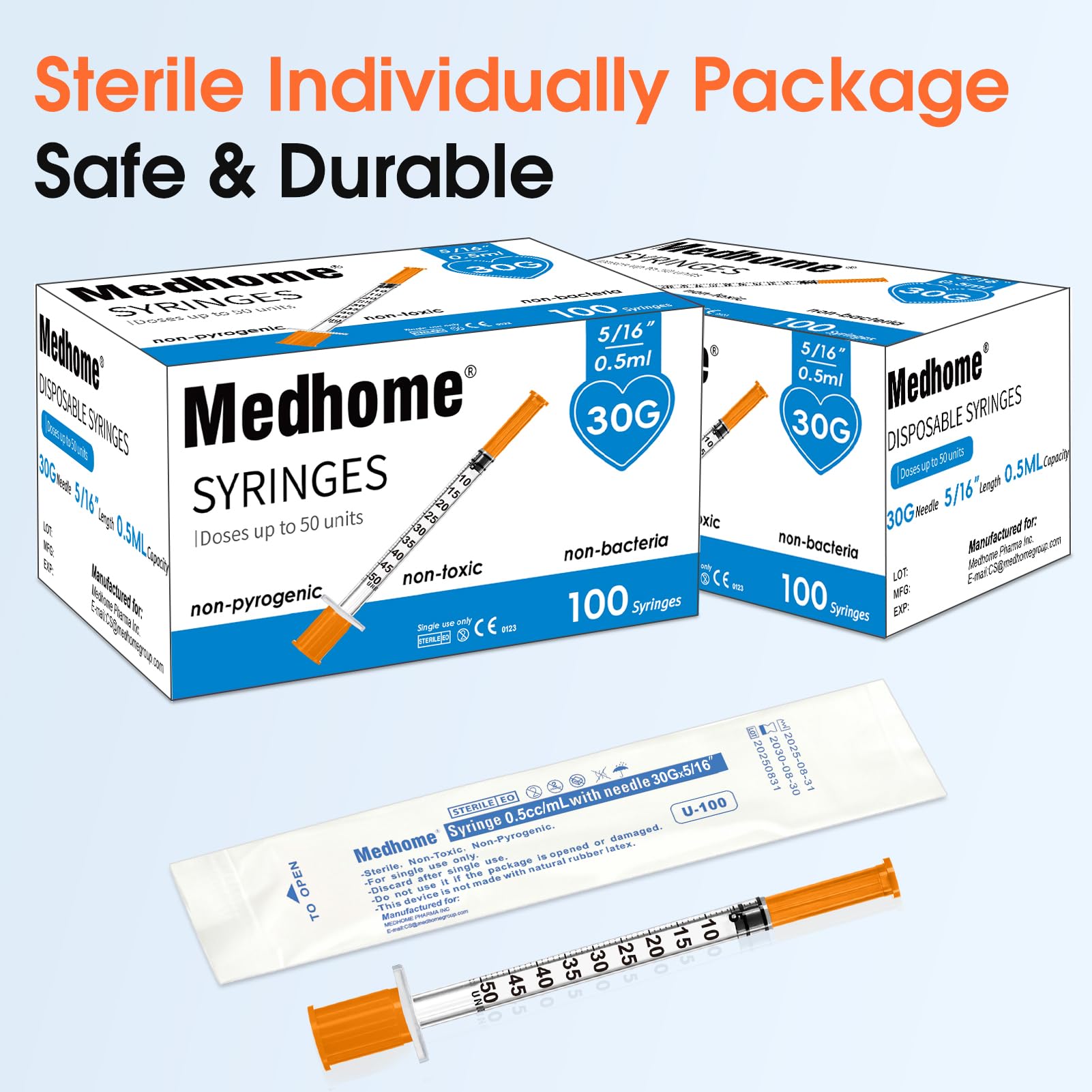 Lot de 100 seringues de laboratoire emballées individuellement 0,5 ml 30 g 0,8 cm