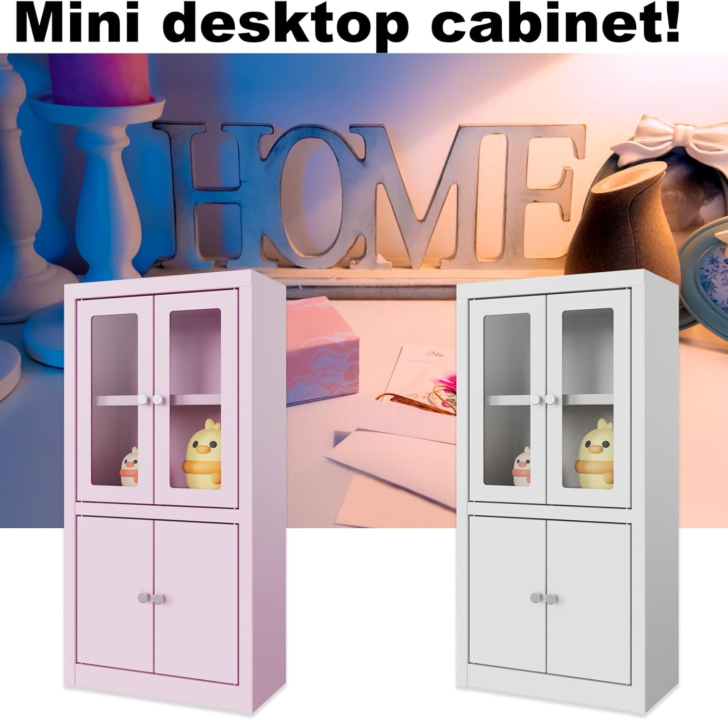 Mini Cabinet for Desk, Dual Door Cute Small Locker for Girls, White