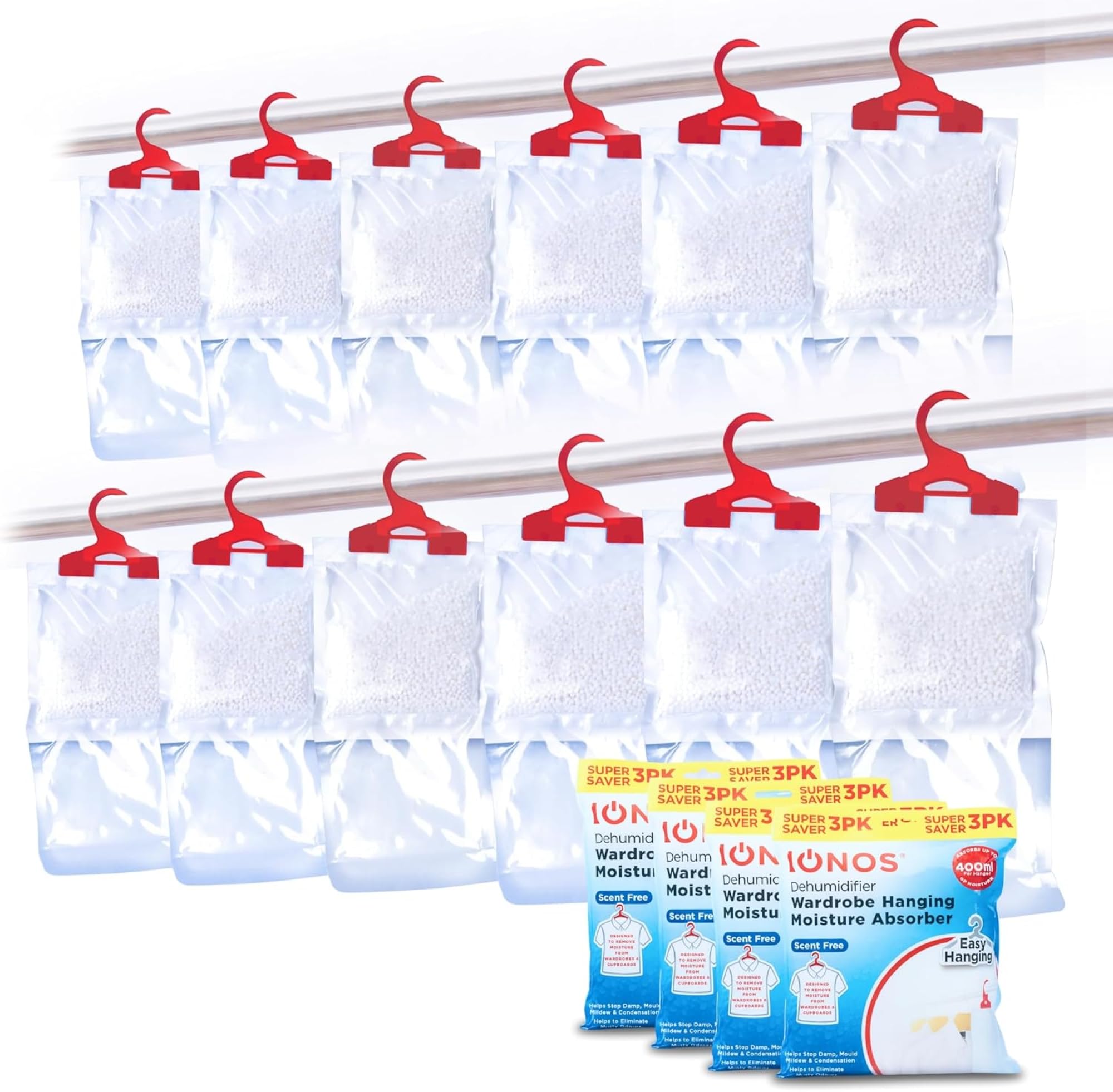 IONOS Wardrobe Dehumidifier Hanging Bag 180 g – 12 Pack Moisture Absorber Bags, Special Crystals, Chemical‑Free, Unscented, For Bedroom & Storage Spaces (IONWDEHUMSF12PK)