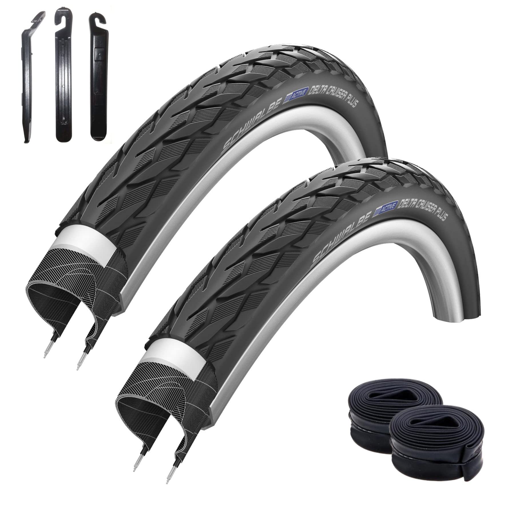 Angebot-Set / 2 x Schwalbe Delta Cruiser Plus Schwarz mit Reflex 37-622 (28 x 1.40) + 2 Schwalbe Schläuche AV17 inkl. 3 Reifenheber