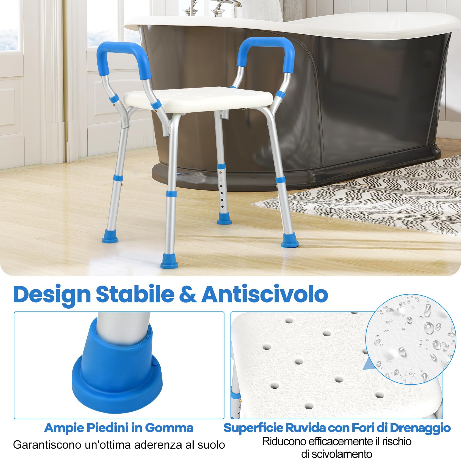 COSTWAY Sgabello Doccia, Sedia per Doccia Regolabile in 6 Altezze con Braccioli Imbottiti Staccabili e Piedini in Gomma Antiscivola, Portata 100 kg, Seggiolino da Bagno per Anziani (Blu)