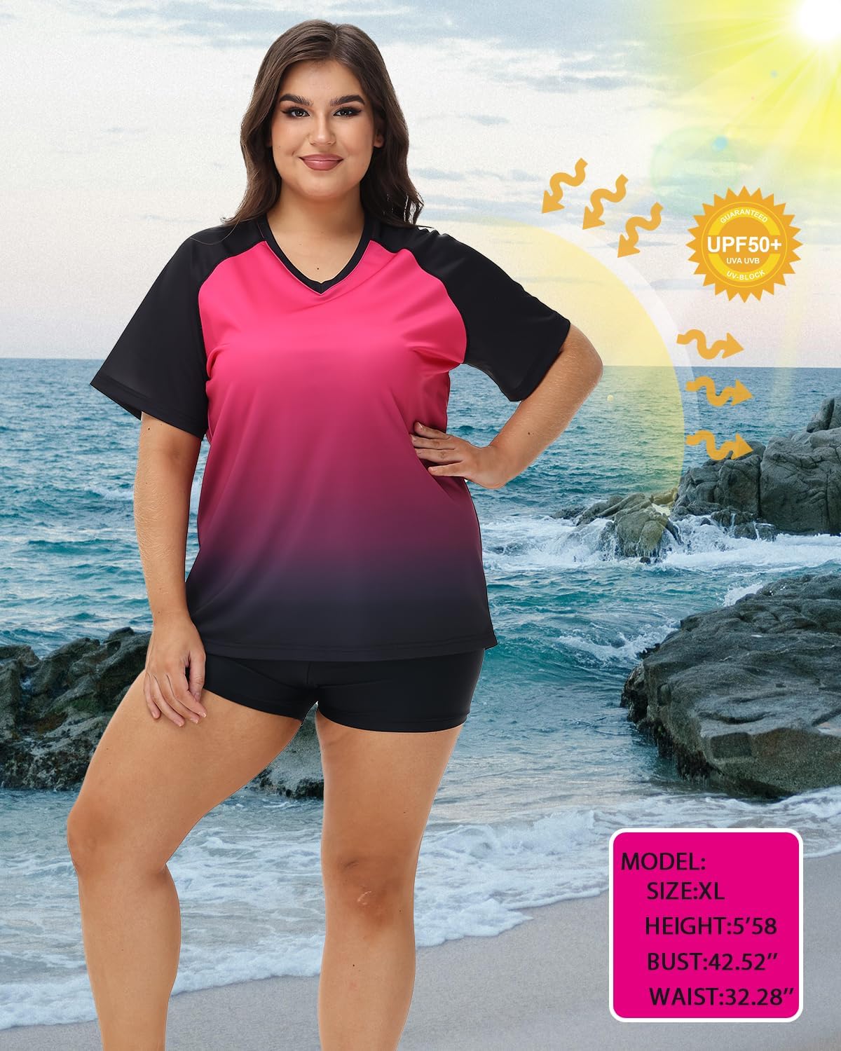 Plus Size Rash Guard for Women Sun Protection Swim Shirts Short Sleeve Loose Fit UPF 50+ Quick Dry Swimming Tops
