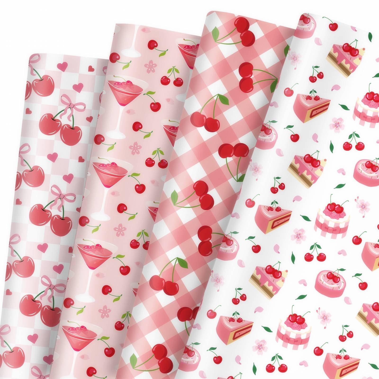 GleeWrap Pink Cherry Wrapping Paper, 12 Sheets 50x70cm Checkered Cake Martini Gift Wrap for Birthday Baby Shower Hen Party Supplies