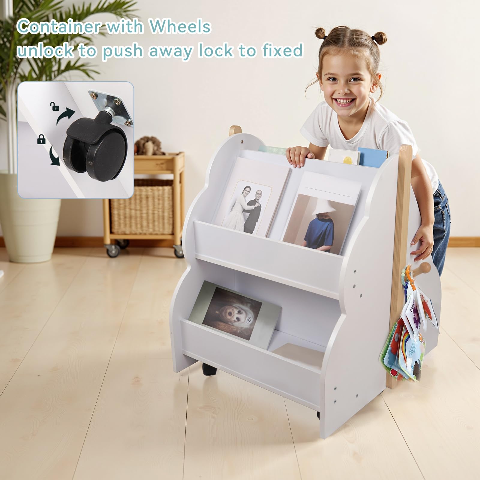 Libreria per bambini con ruote, scaffale per libri per riporre giocattoli, libri, piccola libreria montessoriana a 4 livelli, bianco 50 x 54 x 61 cm