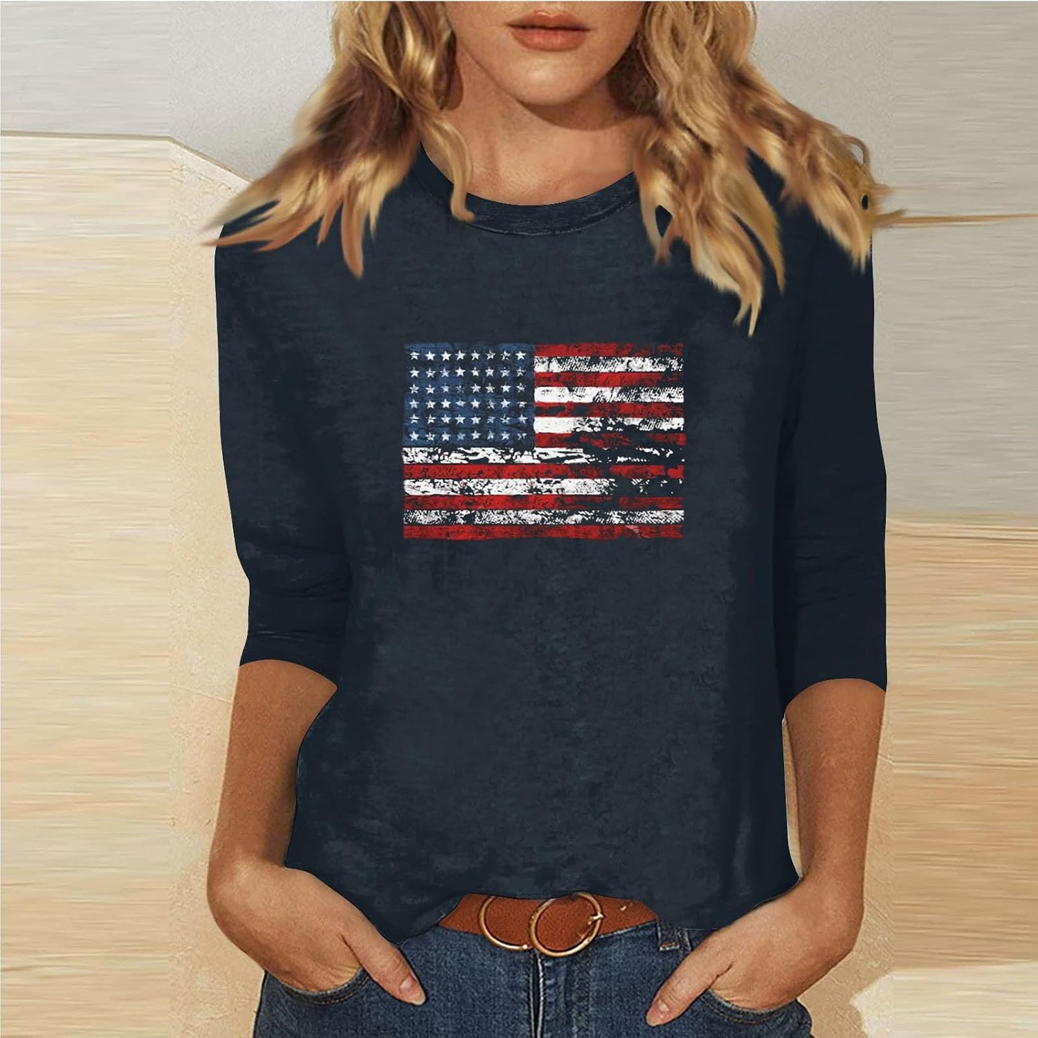 Women's American Flag Shirt, 3/4 Sleeve Crewneck Tshirt, Casual Patriotic Blouses, S-3XL