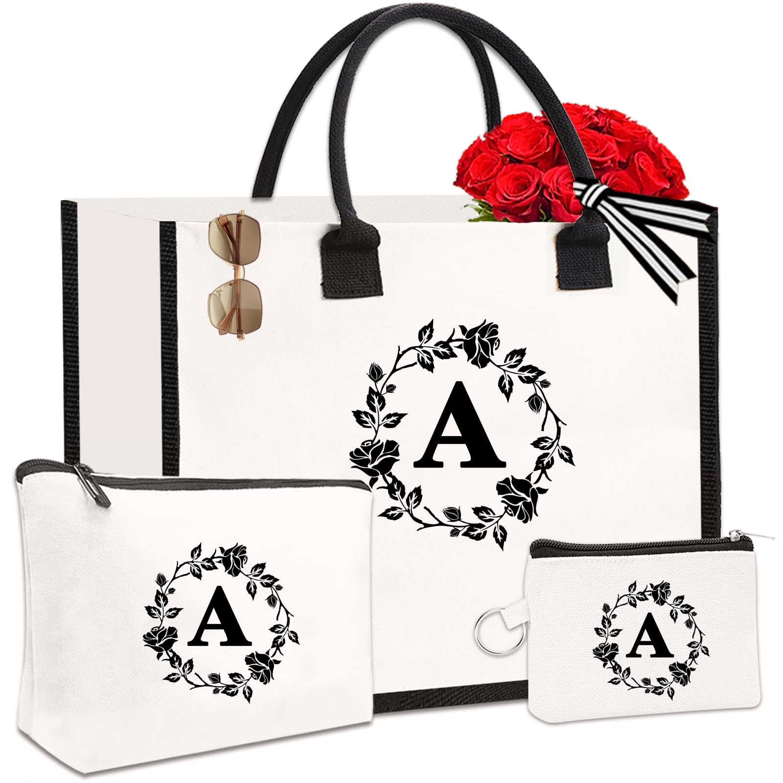 Adoryoung Monogram Initial Personalized Canvas Tote Bags for Women, High Density Embroidery Monogrammed Tote Bags Gifts for Women (A)