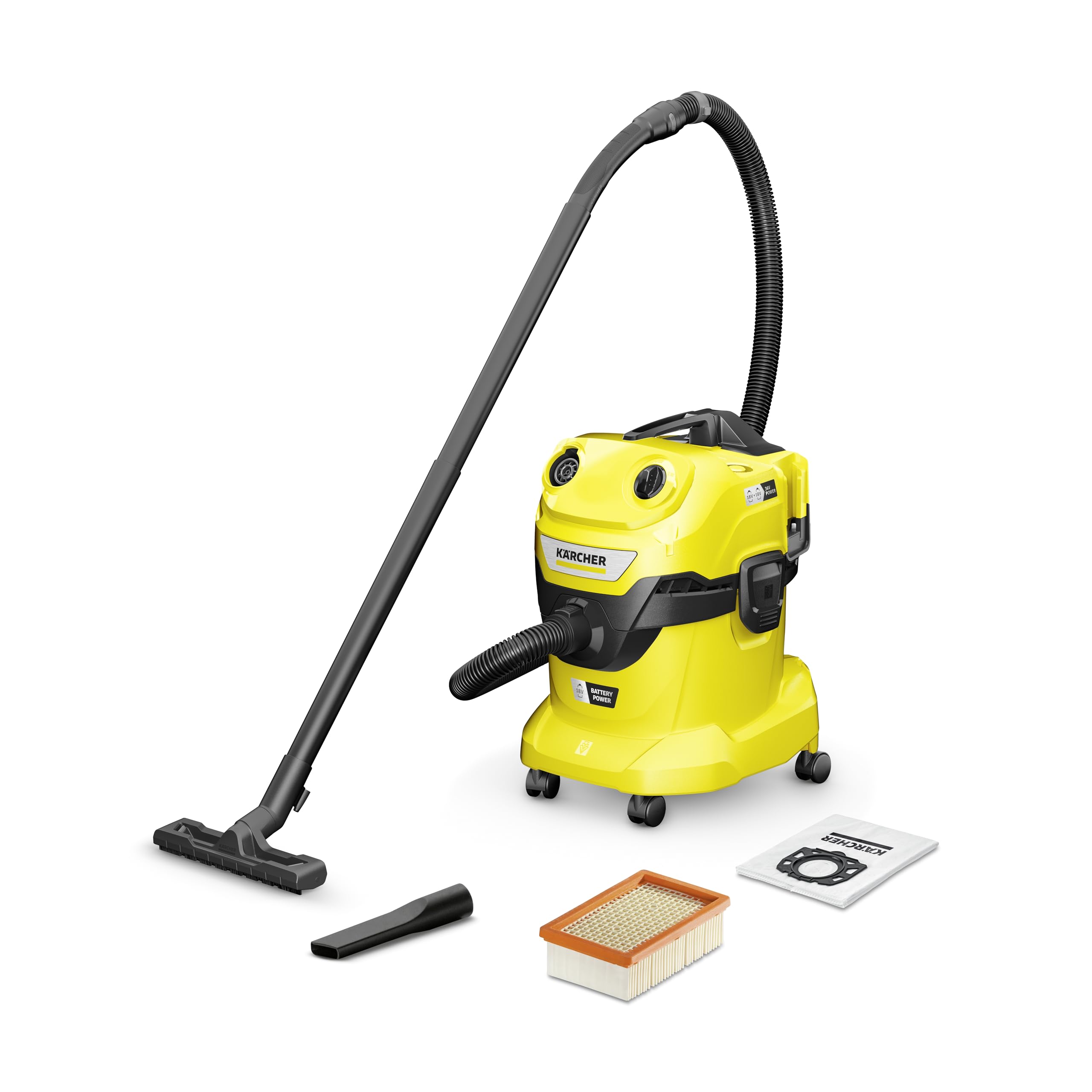 KRCHER aspiratore solidi liquidi WD 4-18 Dual V-20/22, contenitore in  plastica: 20 l, tubo: 2,2 m, funzione soffiante, bocchetta pavimenti e  fessure, filtro in vello, batterie non incluse 2x18V : Amazon.it: Fai da te