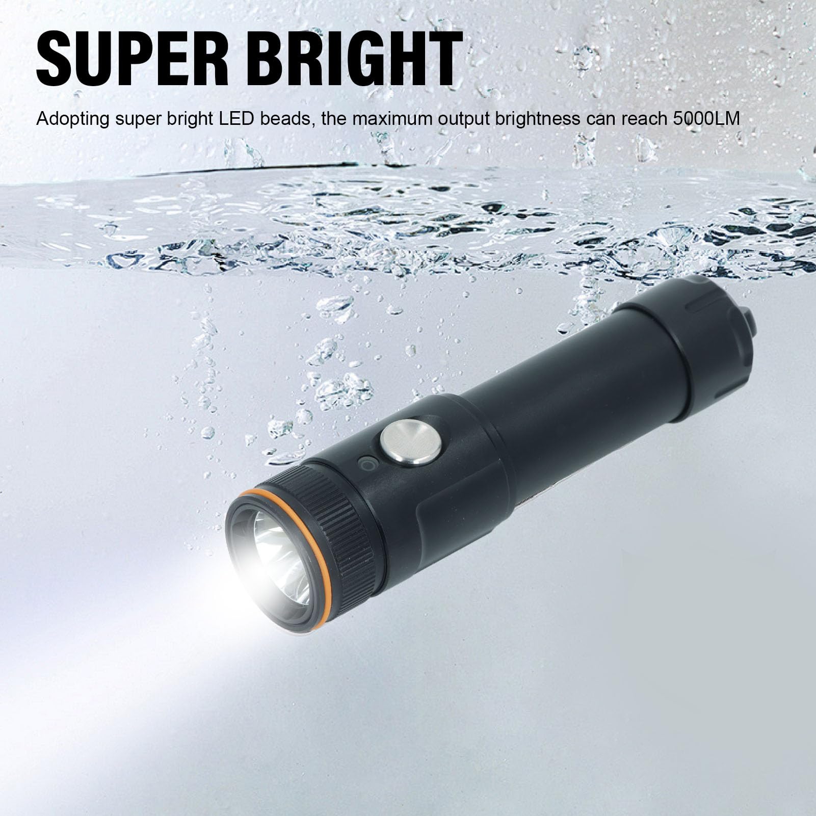 Torcia per Immersioni Subacquee, Torcia Subacquea Ricaricabile Super Luminosa Impermeabile IP68 con Indicatore di Carica, 6 Modalità, per Immersioni, Snorkeling