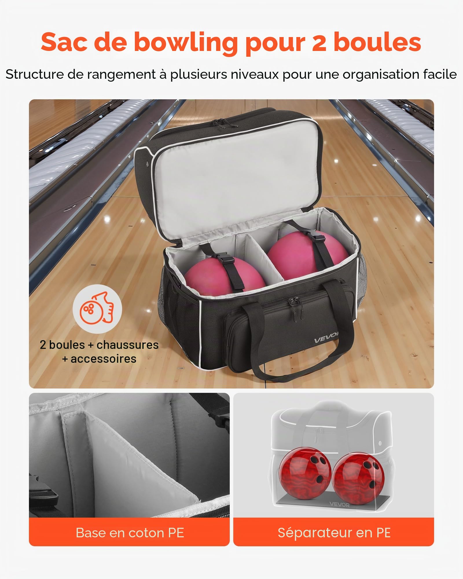 VEVOR Sac de Bowling à roulettes, Valise de Transport pour 2 Boules, avec Compartiment pour Chaussures, Poche pour Accessoires Surdimensionnée et Poignée Rétractable Extensible, Noir et Blanc