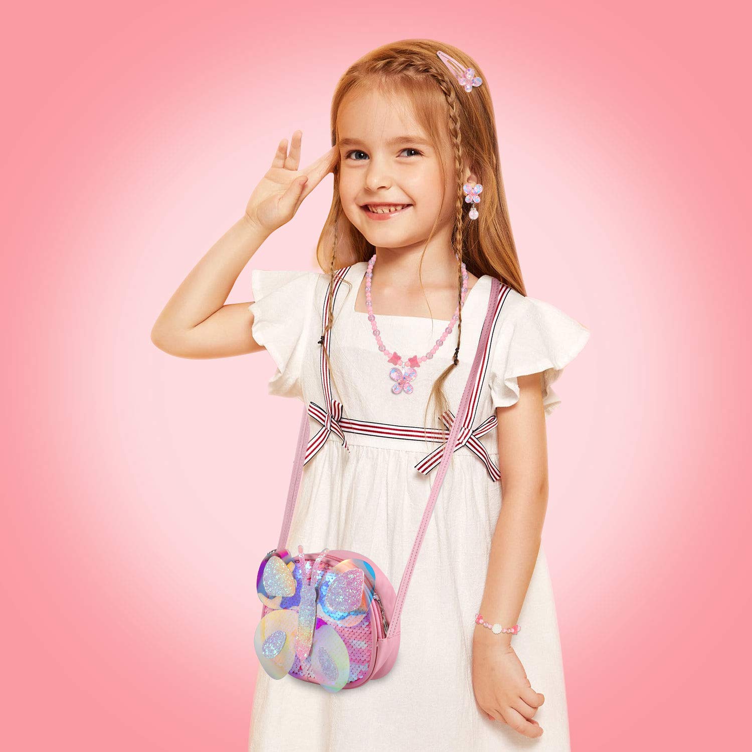 HIFOT Portmonetka z motylem dla małych dziewczynek z klipsem na kolczyki, pierścionki, naszyjnik, bransoletka, przebranie, zestaw biżuterii, torby crossbody, prezenty na przyjęcie dla dzieci, prezent