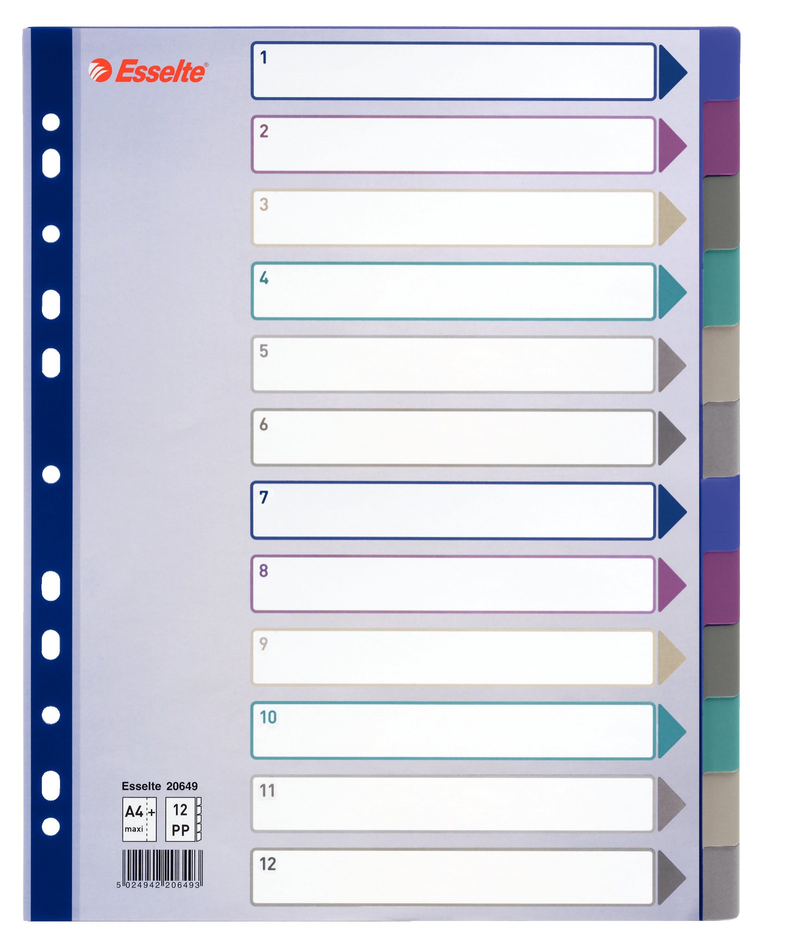 Esselte Indexed Dividers Maxi Format Polypropylene Set of 12 Tabs Assorted Colours Translucent