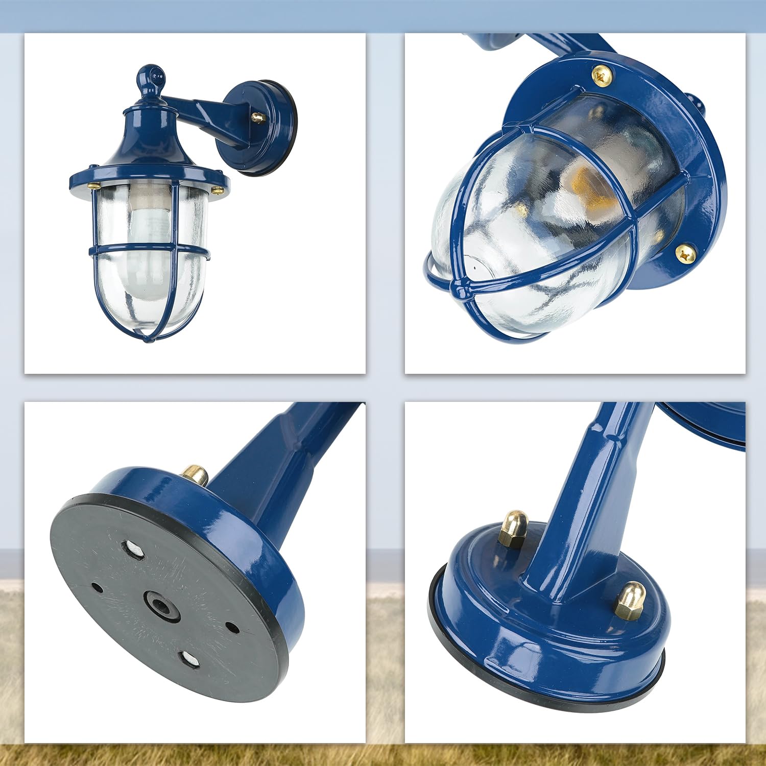Zewnętrzna lampa okrętowa, mosiężna, niebieska, zewnętrzna lampa ścienna morska, nostalgiczna, rustykalna, IP64, D:22 cm E27, dom, ogród, lampa tarasowa