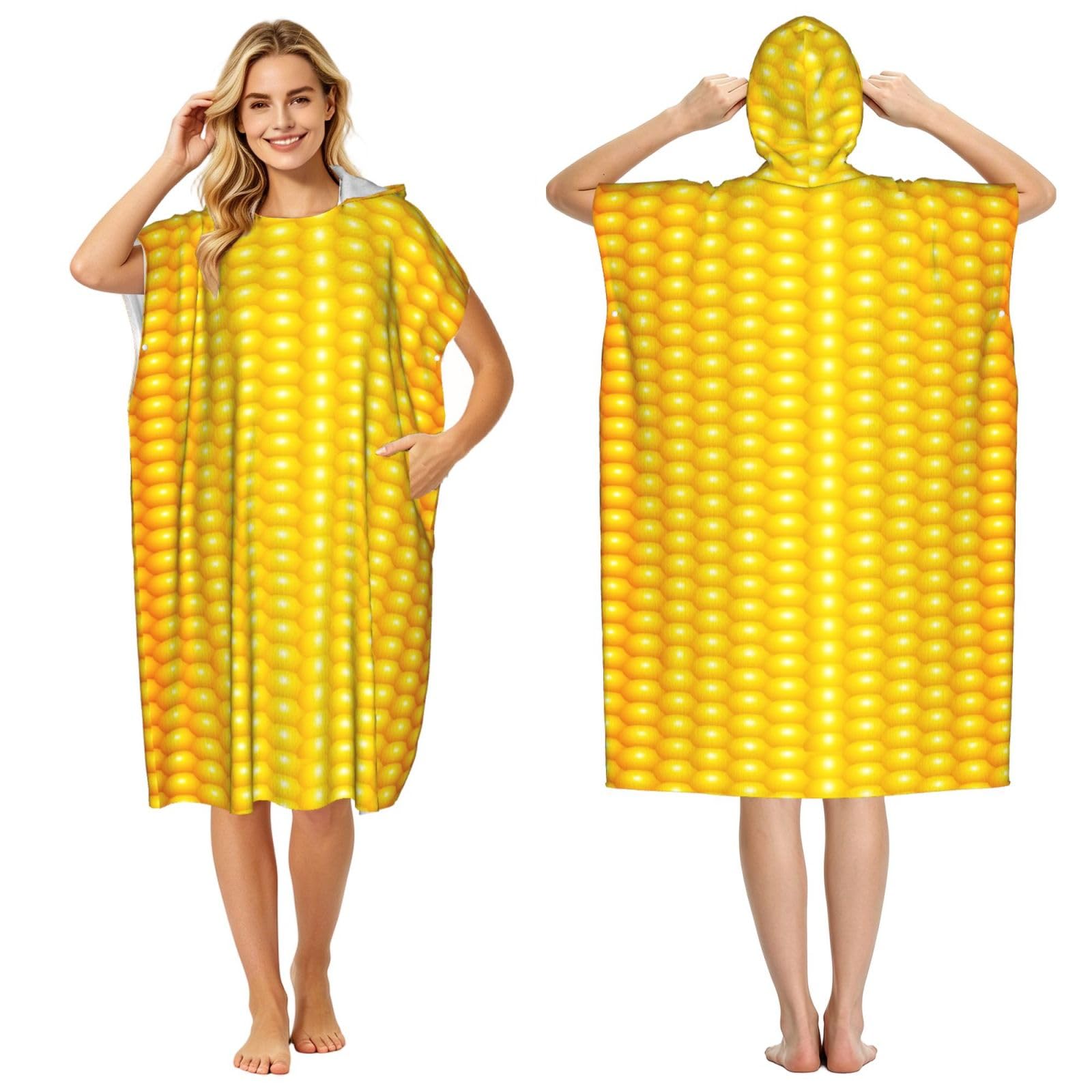 Poadnly Fresh Ripe Corn Cobs Pattern, Adult Hooded Beach Towel 90 x 110 cm,Changing Bath Robe, Surf Poncho Towel For Women Men