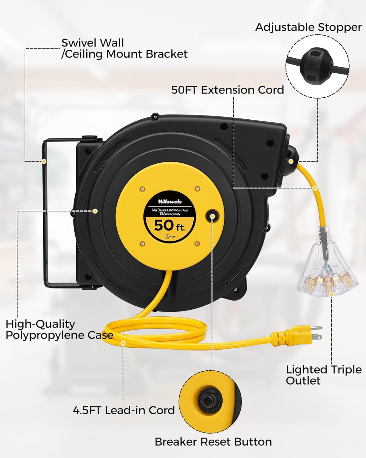 Retractable Extension Cord Reel, 50 FT Heavy Duty Power Cord, 14AWG/3C SJTOW, 3 Grounded Outlets Lighted Triple Tap, 13 Amp Circuit Breaker, UL Listed, Yellow Y50CR06