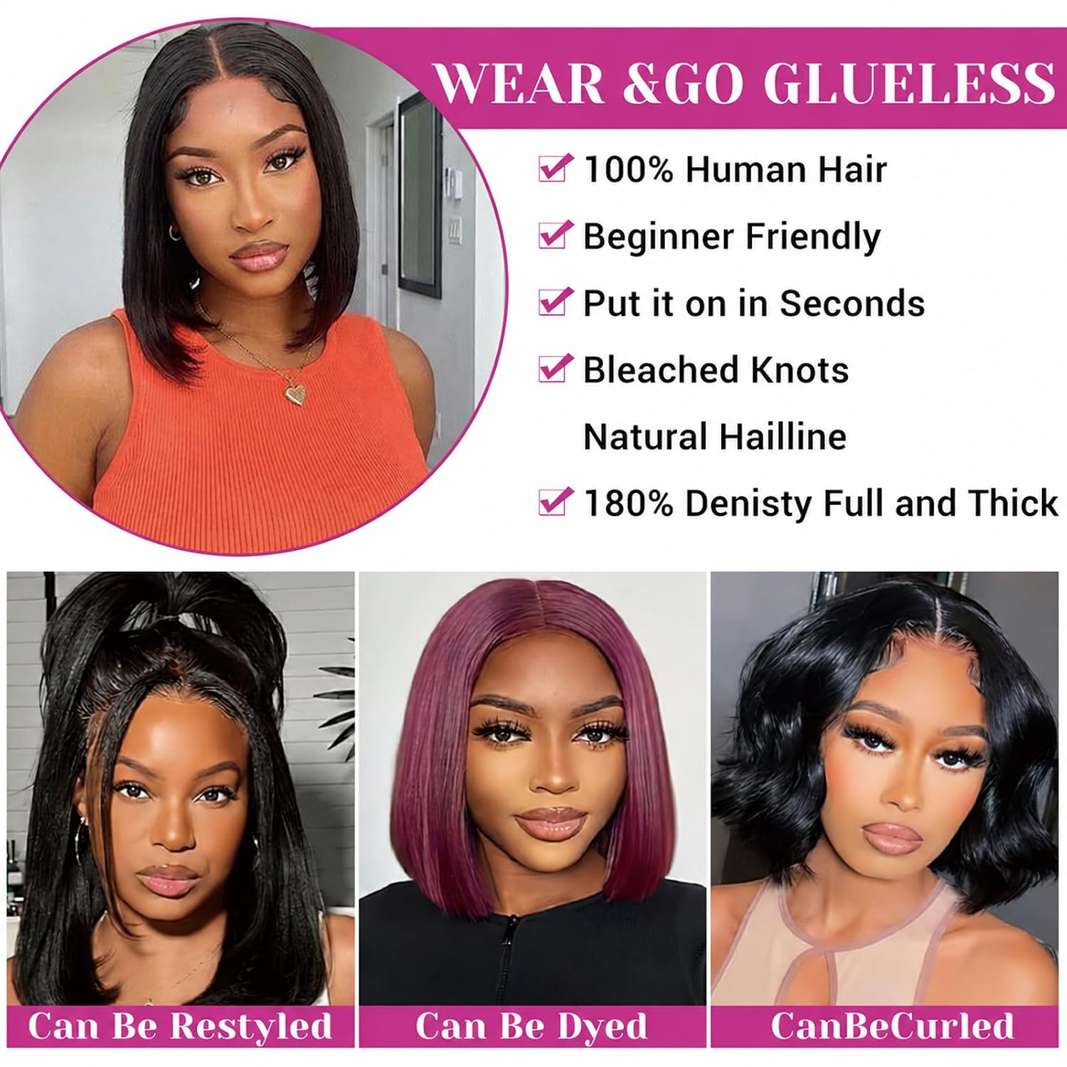 Wear and Go Glueless Bob Wig Human Hair 5x5 HD Lace Front Closure Wig, Glueless Wigs Human Hair Pre Plucked Pre Cut Natural Black Short Straight, 180% Density 10 Inch for Black Women Beginners