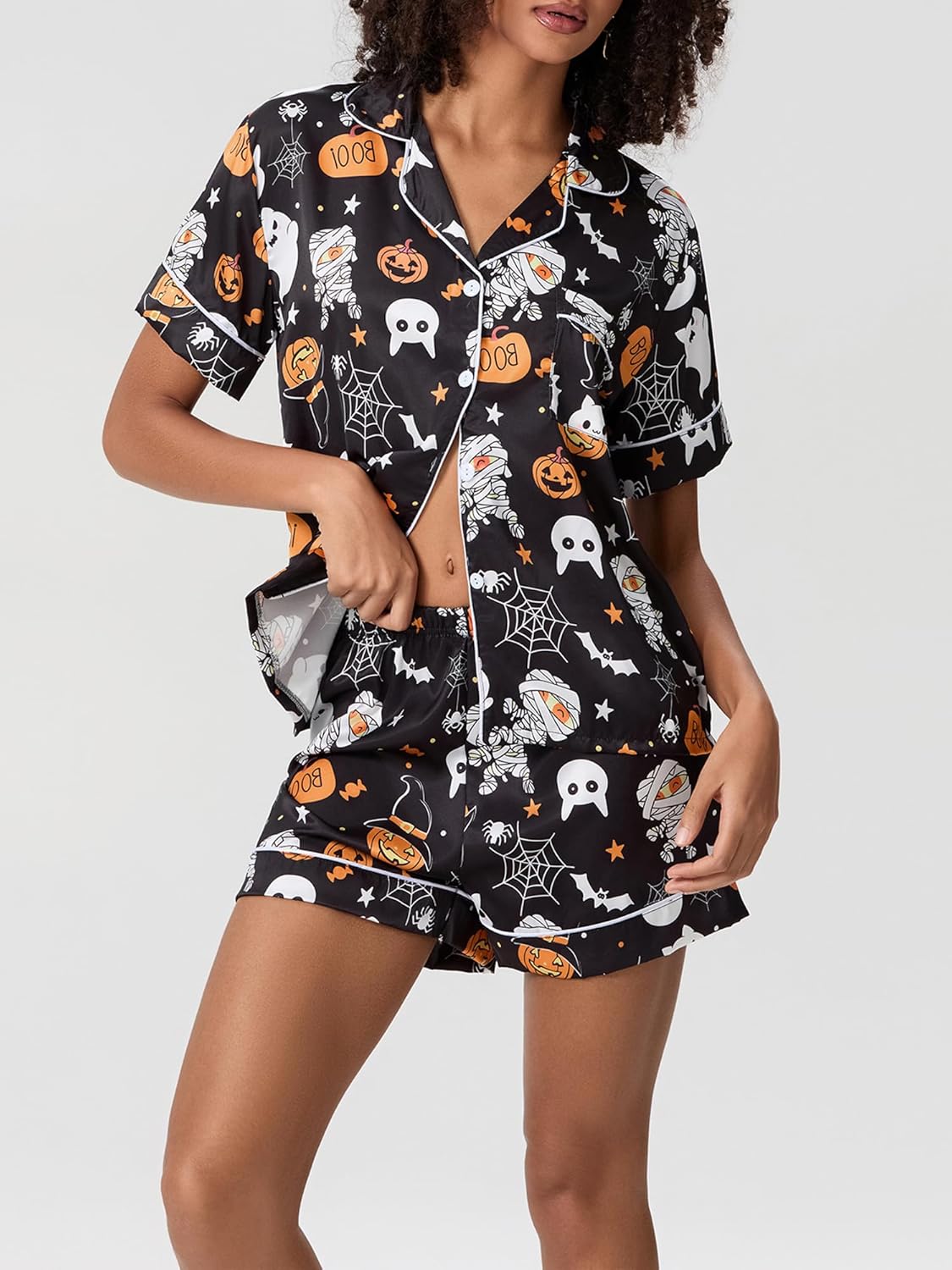 Women 2Pcs Halloween Silk Satin Lounge Sets Ghost Pumpkin Button Top Short Pajamas Set Loungewear Sleepwear - Image 6