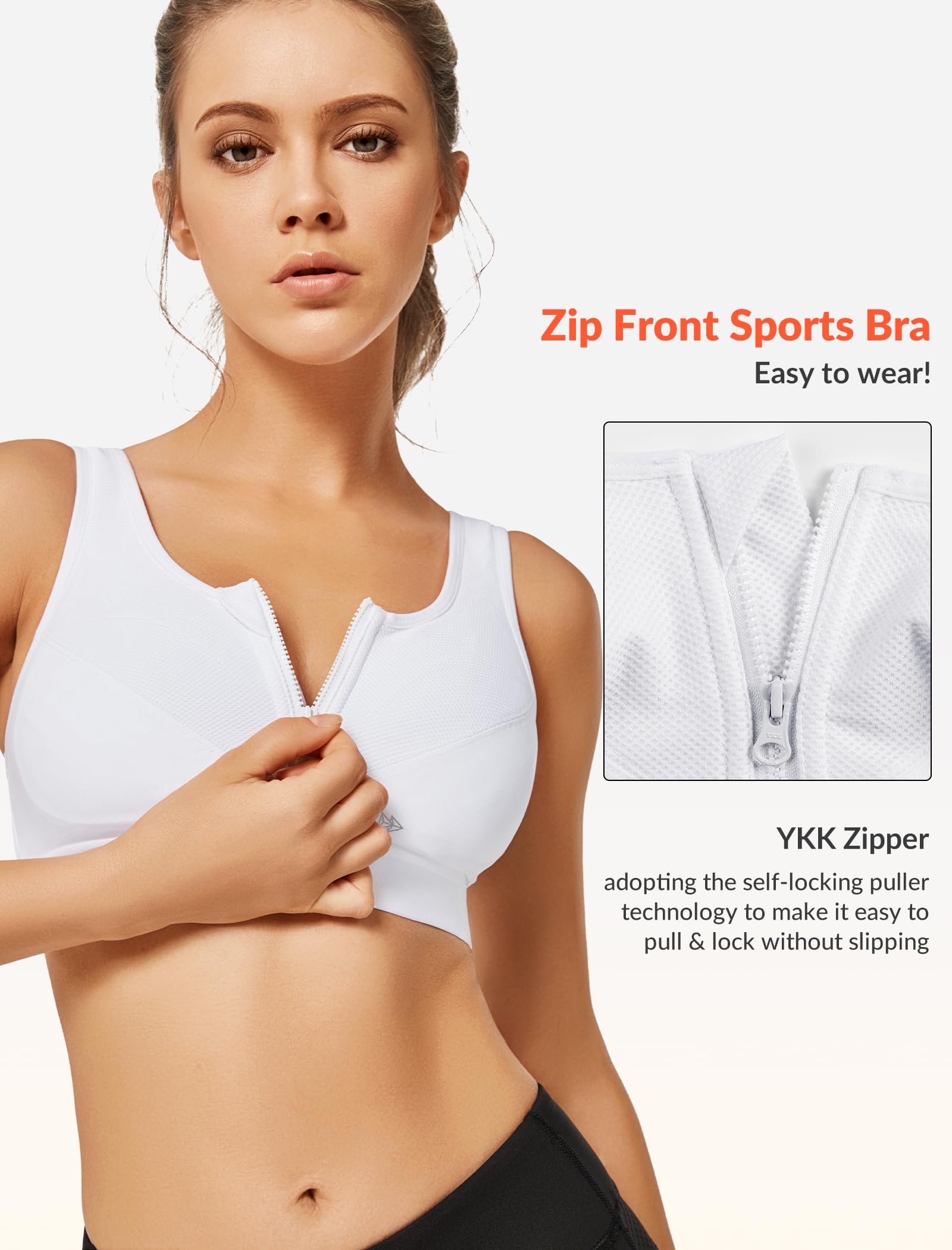 Yvette Sujetador deportivo de alto impacto - Sujetador deportivo con cremallera frontal para mujer, Blanco, 90B