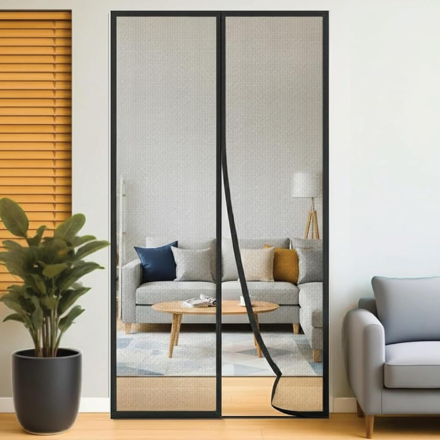 Amazon Basics Magnetic Mosquito Net for Door | 32 Strong Magnets | Auto-Closing Mesh Door Curtain Helps Keep Mosquitoes Out | Easy Installation | For Main Door, Balcony & Kitchen | Black |210 x 110 Cm