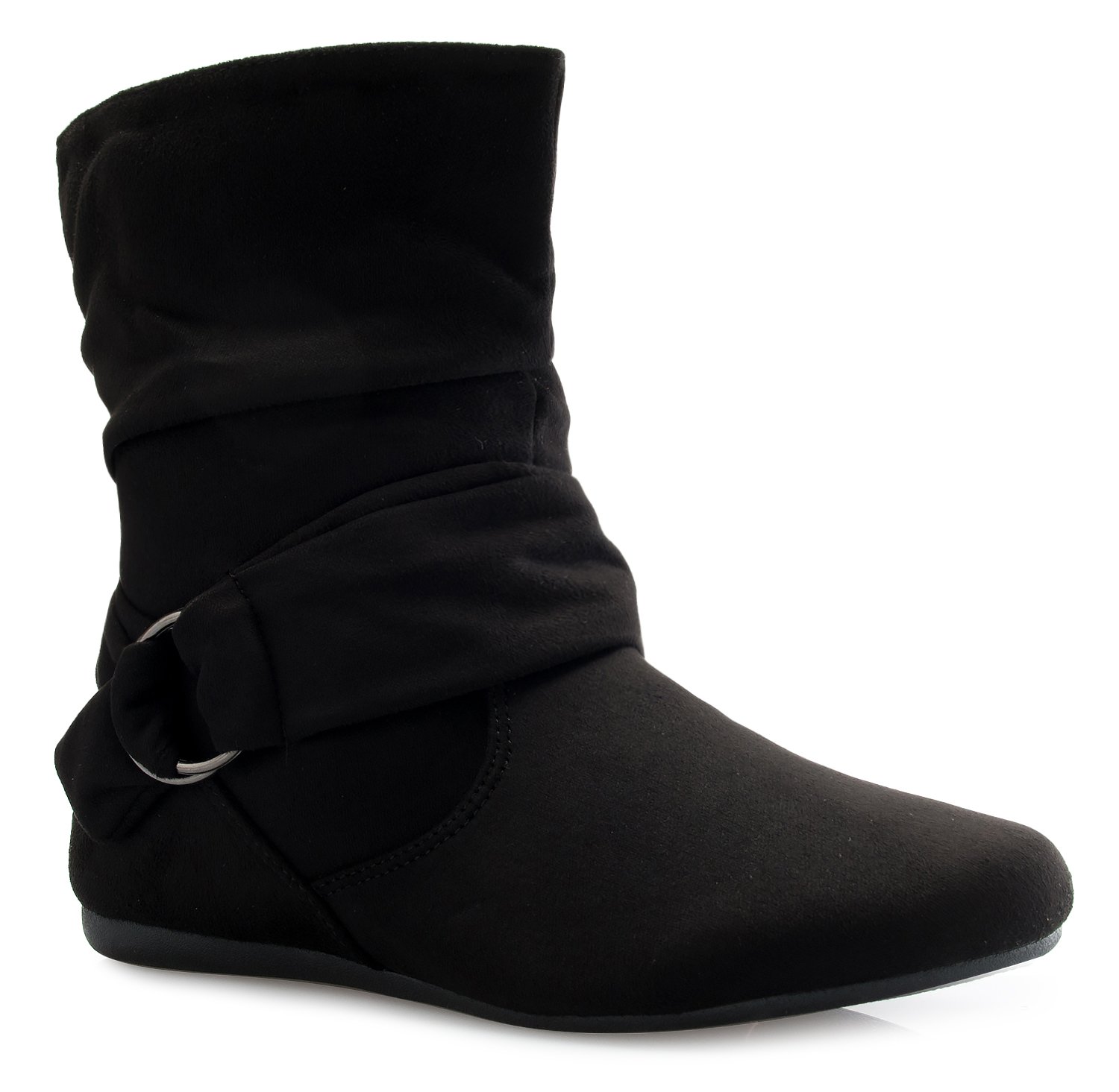 Olivia K Womens Low Heel Slouch Suede Slip On Casual Ankle Boots with Ring Buckle and Side Zipper