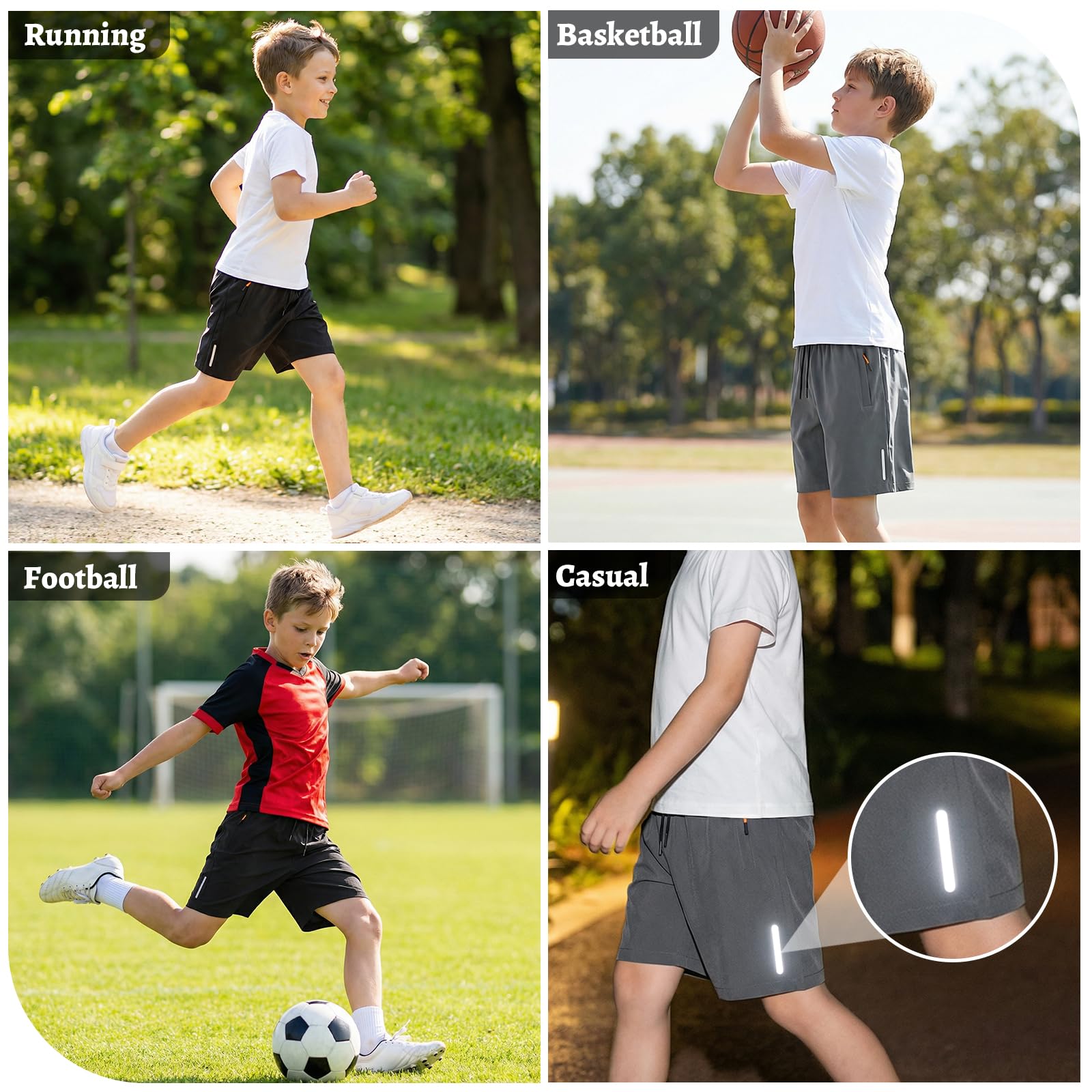 Pantaloncini Ragazzi, Rapida Asciugatura 2 Pezzi Sportivi Shorts con Strisce Riflettenti e Tasche Cerniera, Traspirante Abbigliamento Sportivo Scuola Ciclismo Bambini 6-13 Anni