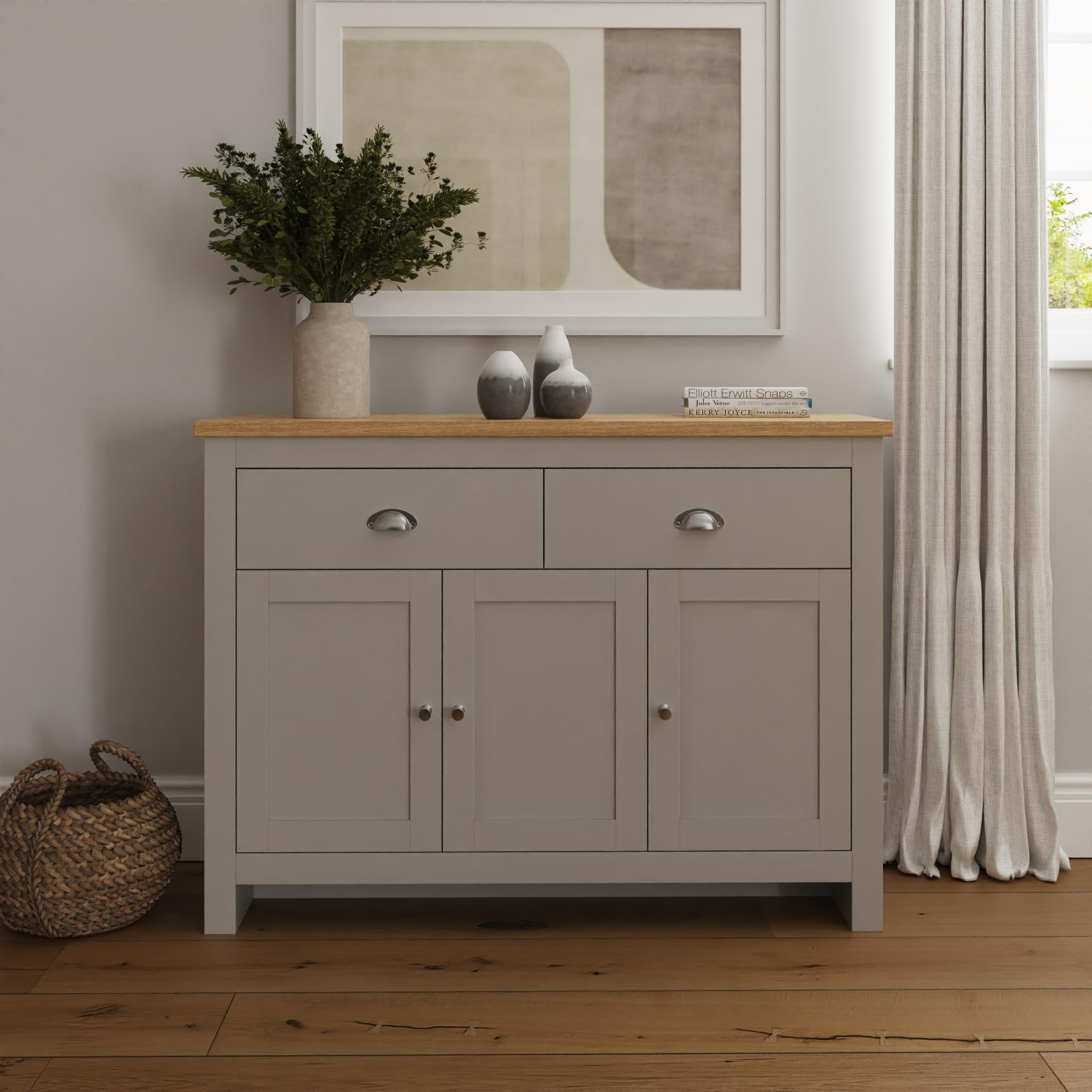 GFW Lancaster Large Sideboard - Grey Matte Finish - Oak Veneered Top - 2 Drawers - 3 Door Cupboard