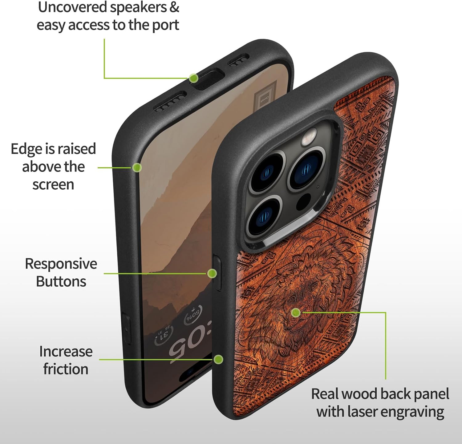 Carveit Magnetic Wood Case for iPhone 14 Pro Max [Natural Wood & Black Soft TPU] Unique & Classy Wooden Shockproof Protective Cover Compatible with magsafe (Filigree Lion -Rosy)