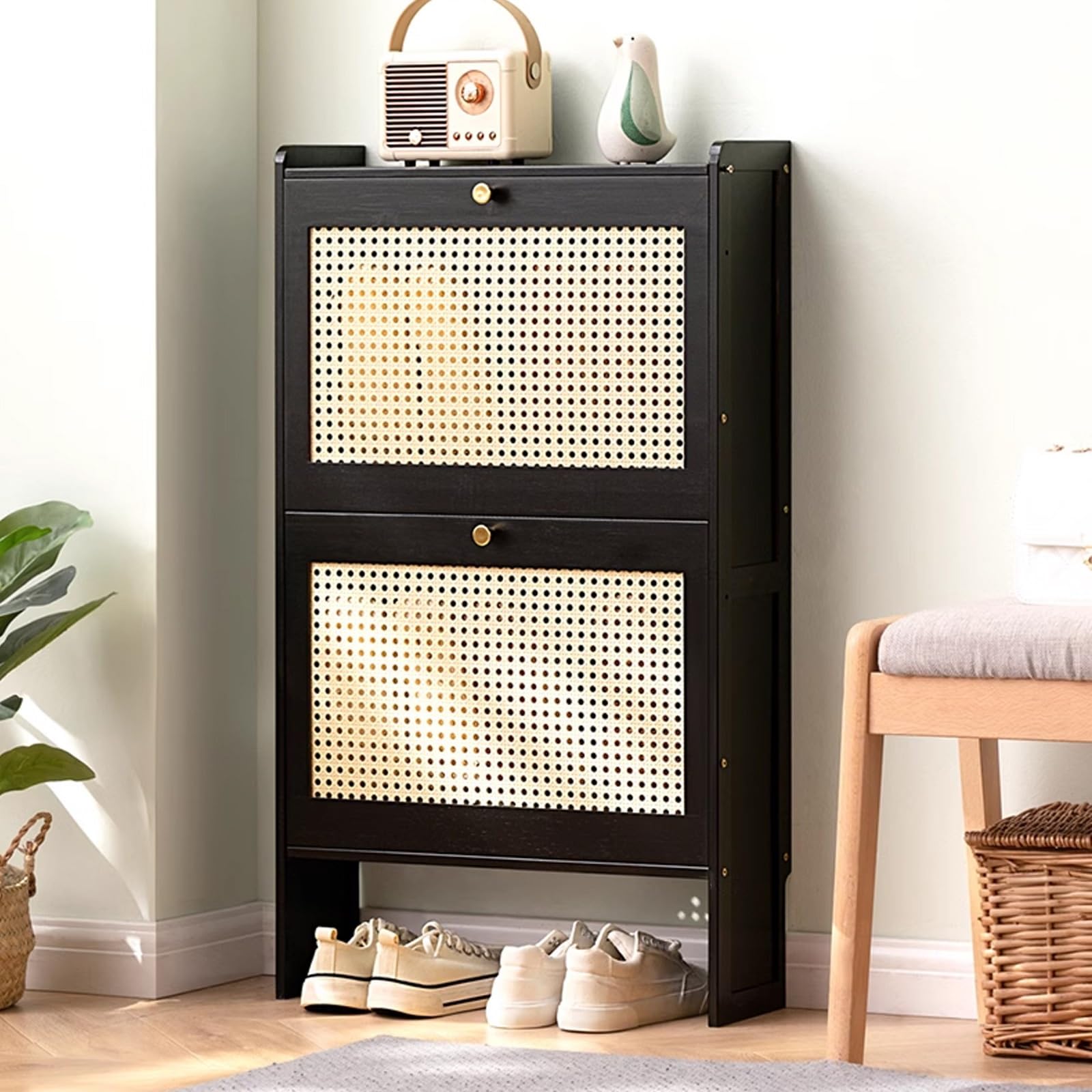 SVFOEBJM Shoe Storage Cabinet, Shoe Cabinet for Entryway Narrow, Plastic Rattan Shoe Cabinet, Freestanding Wooden Shoe Rack Storage Cabinet for Entryway Hallway Bedroom
