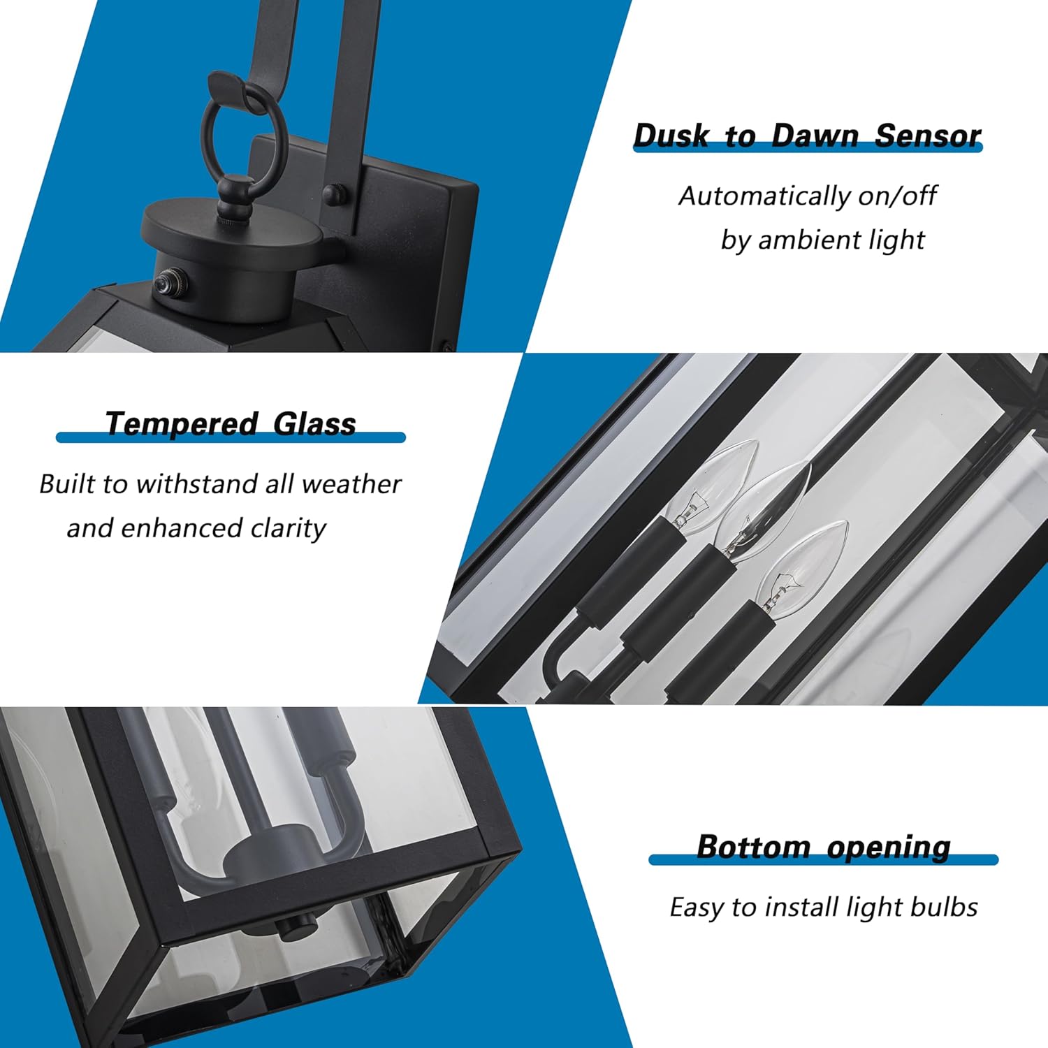 26" Large Dusk to Dawn Outdoor Porch Lights, 2-Pack Modern 3-Light Exterior Wall Mount Lighting Fixtures, Waterproof Sensor Wall Sconces for House, Doorway, and Garage, Matte Black