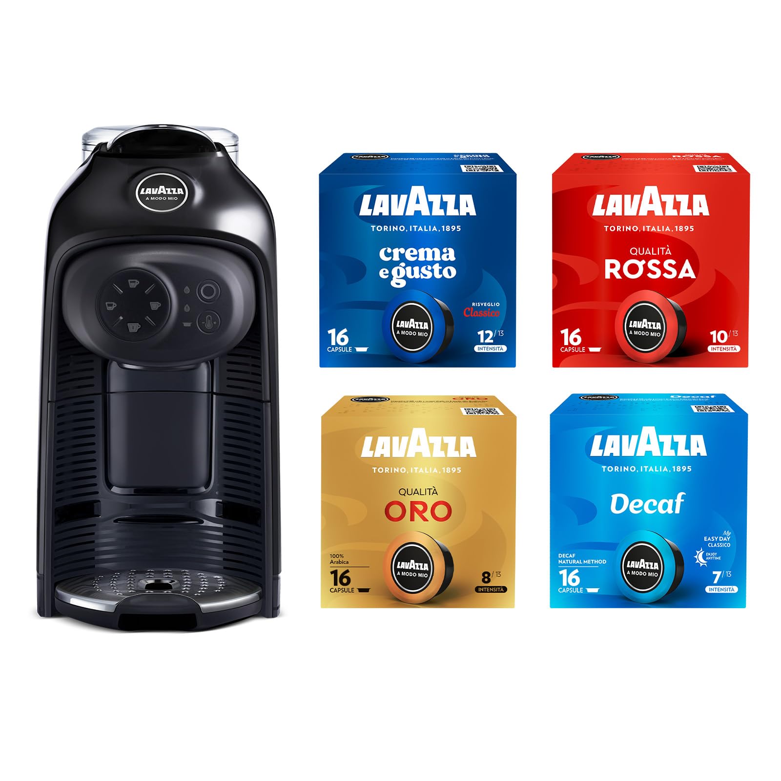 Lavazza, A Modo Mio czarny Idola ekspres do kawy z 64 kapsułkami według własnego wyboru, kompaktowa i cicha maszyna do espresso, 1500 W, 220-240 V, 50/60 Hz, maksymalna pojemność 1,1 litra wody