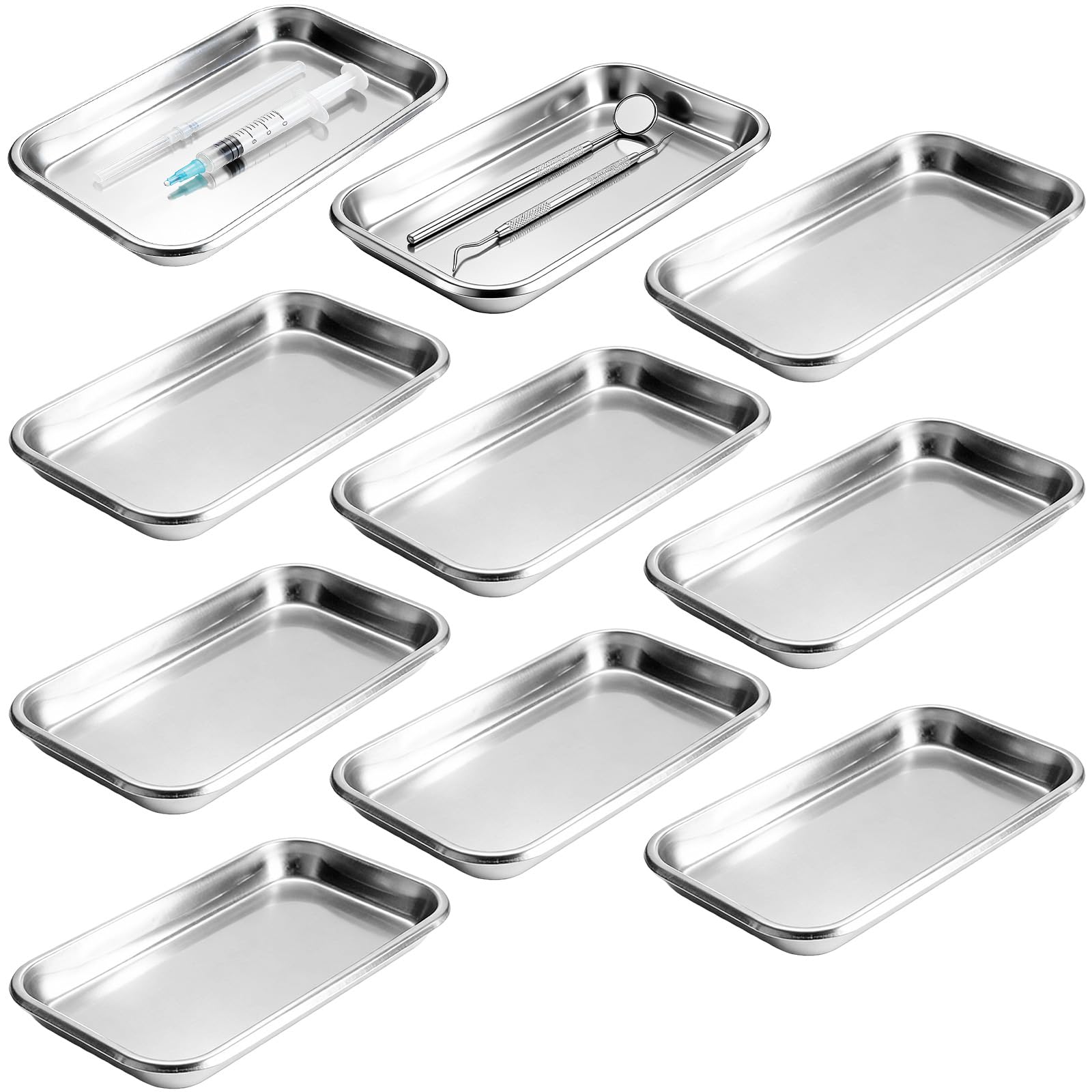 Lot de 10 plateaux rectangulaires en acier inoxydable - 22,5 x 11,7 x 2 cm - Plateau de laboratoire en acier inoxydable - Petits plateaux de service pour laboratoire - Plateau de service dentaire