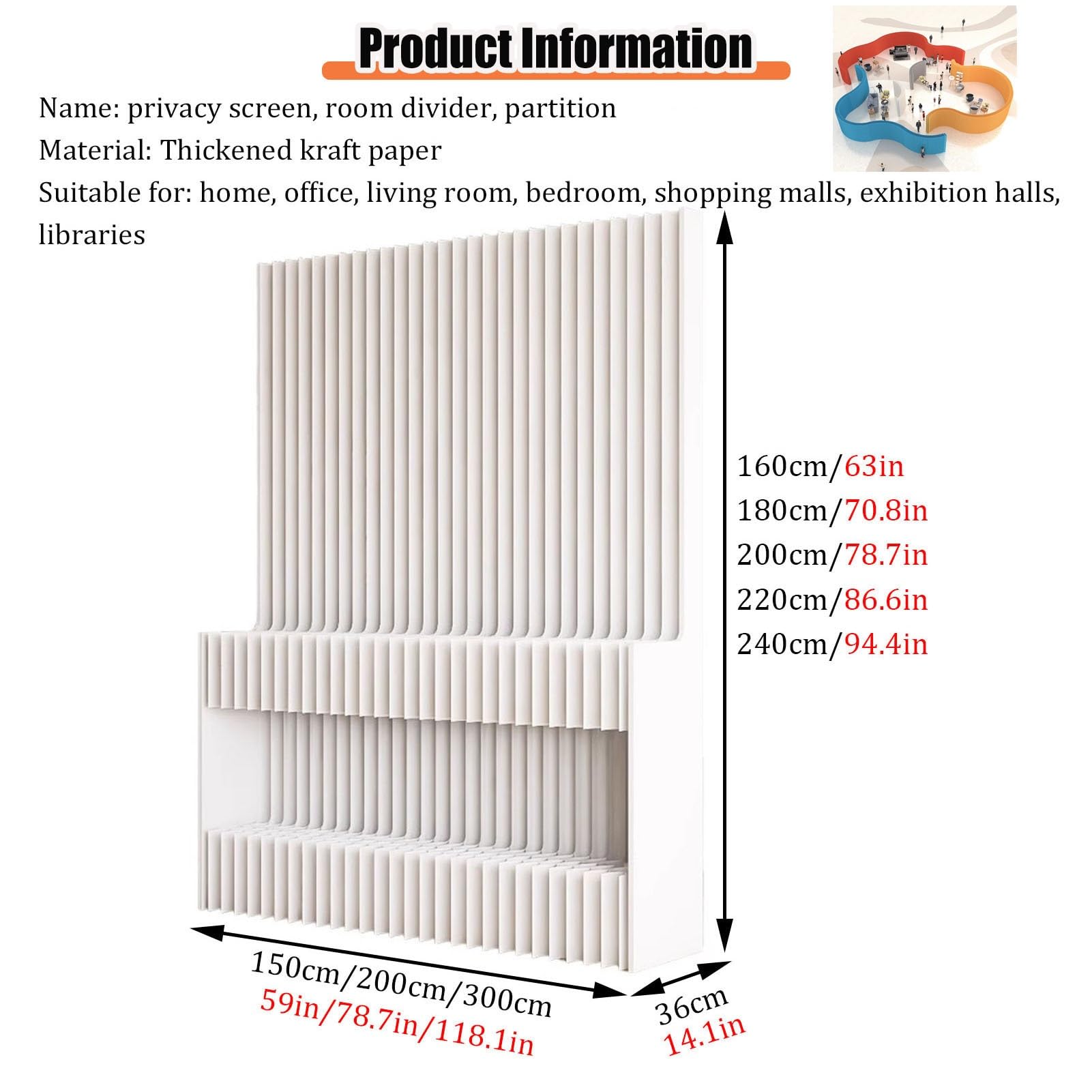 SAeWare Divisorio moderno in carta, pieghevole, portatile, con ripiano portaoggetti per separare e decorare gli spazi, ideale per salotti, camere da letto e uffici, lunghezza 150 x altezza 200 cm