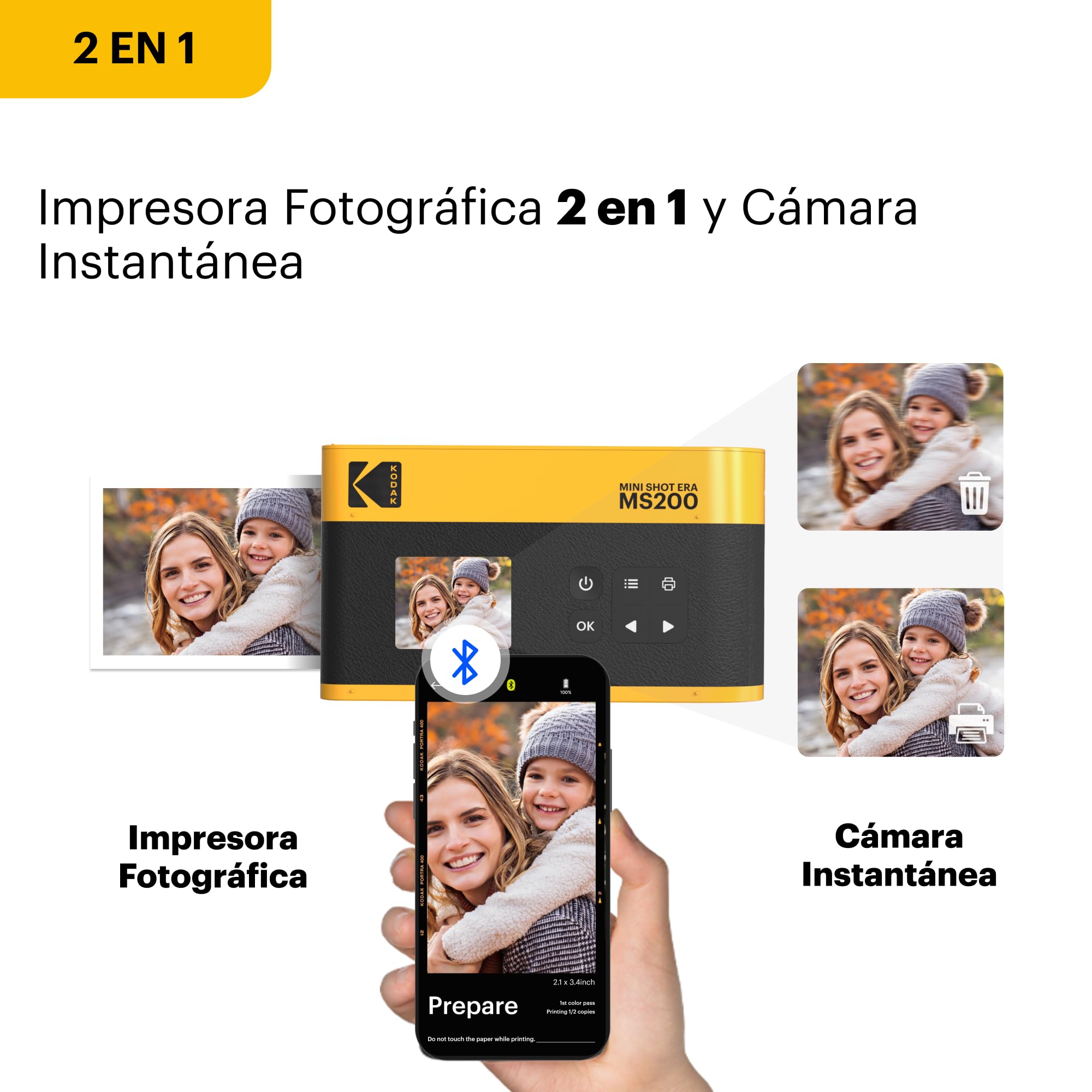 KODAK Mini Shot 2 ERA 4PASS 2-en-1 Cámara Instantánea e Impresora de Fotos (5,3x8,6cm) (Cámara + Pack de Regalo con 38 Hojas, Amarillo)