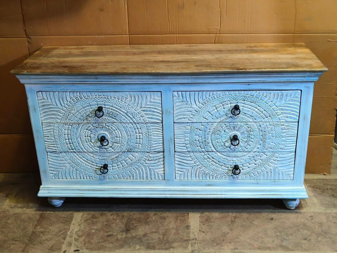 Nazar Art & Craft Solid Wooden Hand Carved Chest of Drawers | Storage cabinets for Kitchen | Chest of Drawers for multipurpose Storage | Sideboard Cabinet | Light Blue | W54*L18*H32 inches-image-16