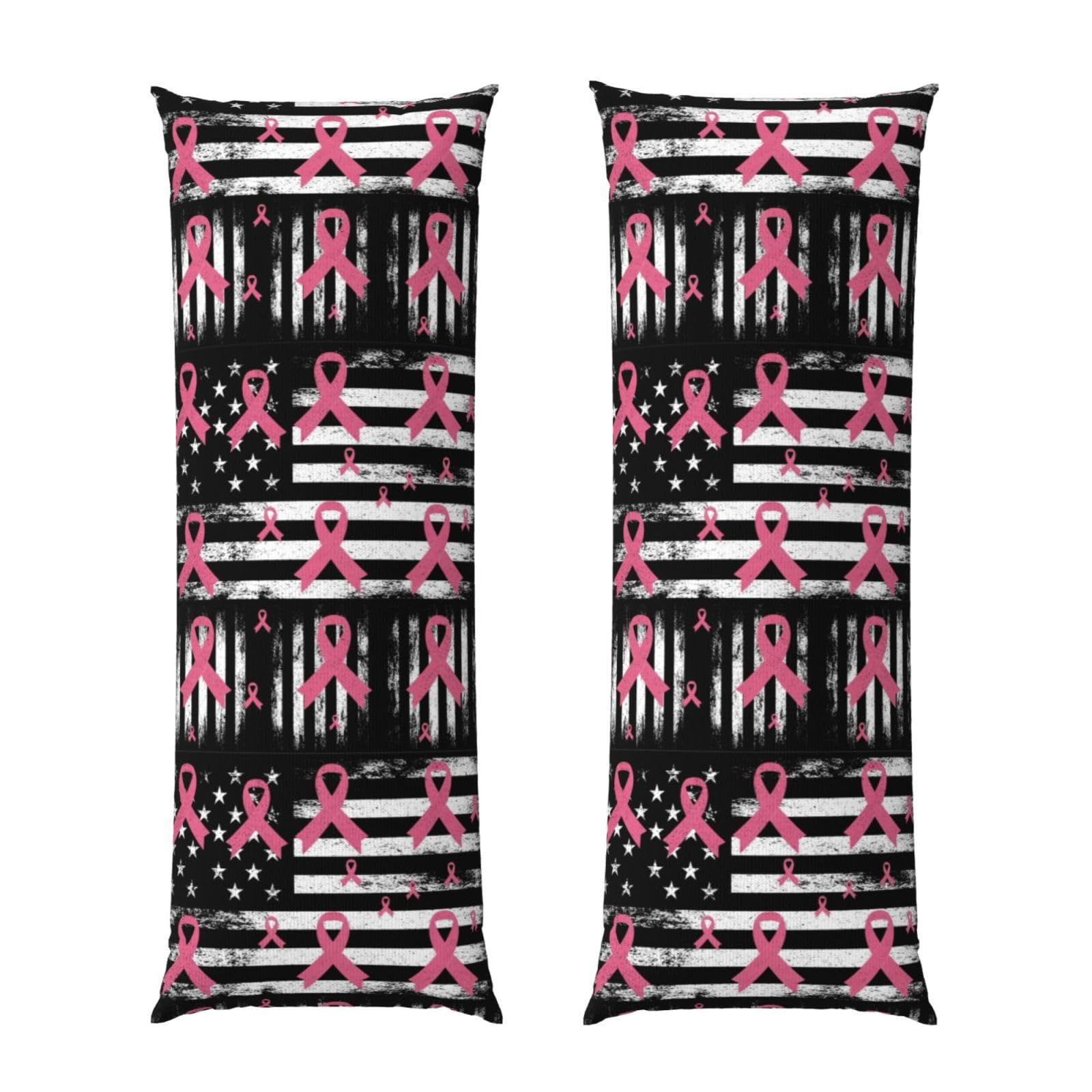 Long Pillow Cover 20x54, Breast Cancer Awareness Ribbons American Flag Black, Cozy Microfiber Pillowcase with Zipper, Soft Breathable Protector for Bed Sofa Couch Decoration