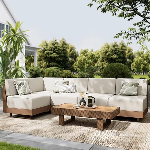 Sophia & William 6 Piece Patio Furniture Set L Shape Outdoor Sectional with 8.7inch Ultra-Thick Cushion, All Weather Wicker & HDPE Patio Conversation Sets Backyard Furniture with Coffee Table for lawn