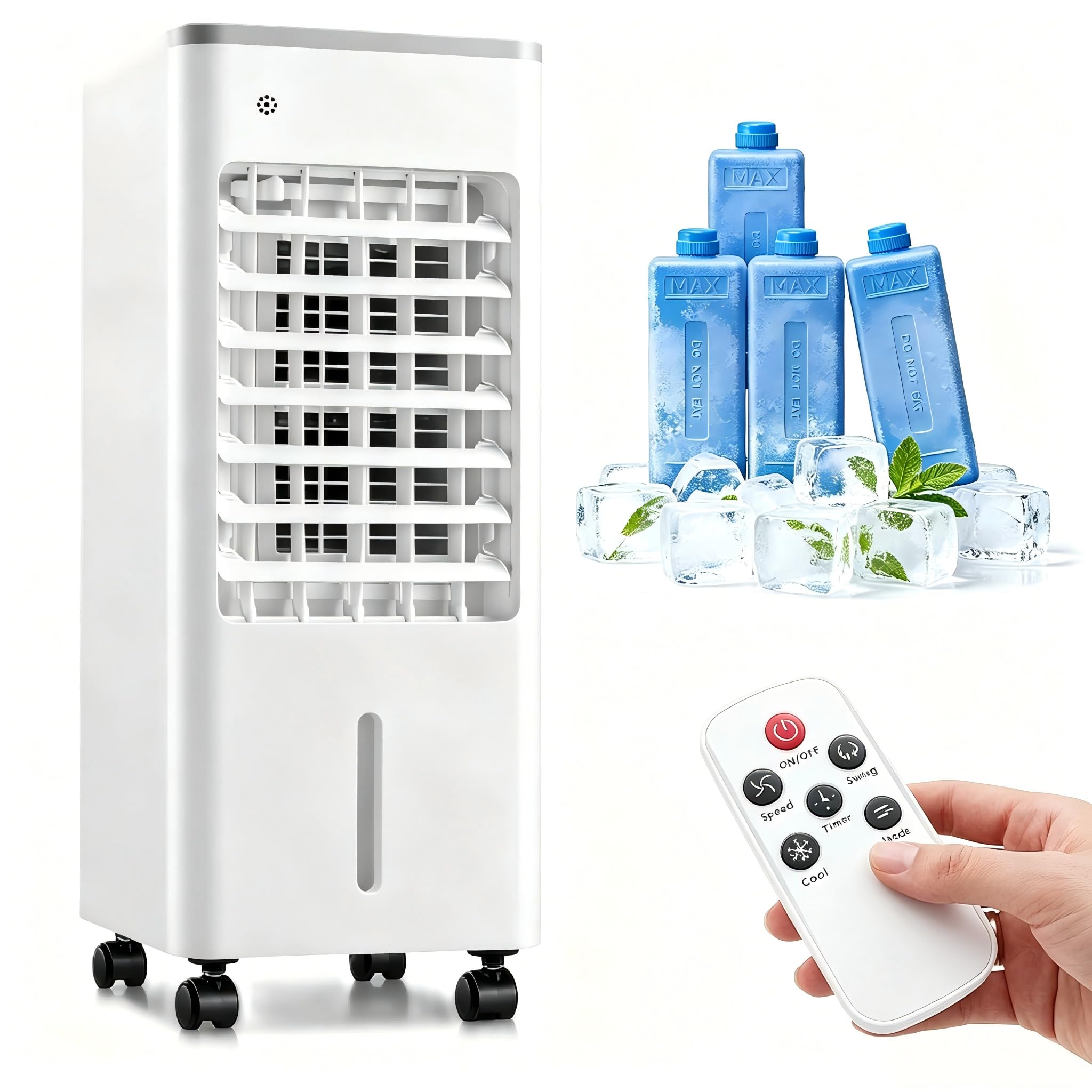 Portable Air Cooler, Evaporative Air Cooler with Remote Control, 6L Water Tank, Evaporative Cooling Fan with 3 Speeds, 7.5H Timer, 120° Oscillation for Home Bedroom Office, White