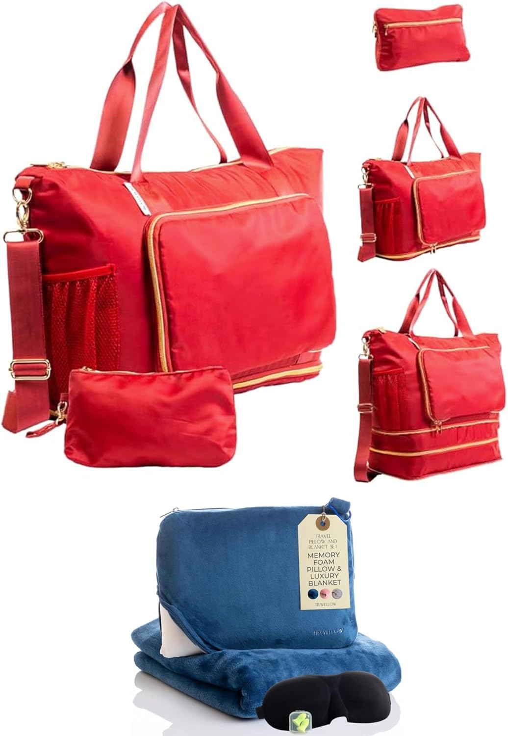 Travel Pillow and Blanket Set (Blue) + Large Duffle Bag Bag (Red), Travel Kit with Memory Foam Pillow, Travel Blanket, Sleep Mask, Earplugs, and Bag