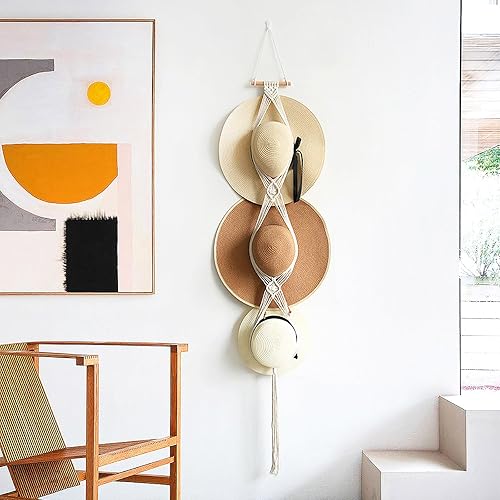 Miniatura 6 de Paquete de 2 percheros de macramé para pared, organizador bohemio para sombreros, exhibidor colgante, tejido a mano, soporte decorativo para gorras