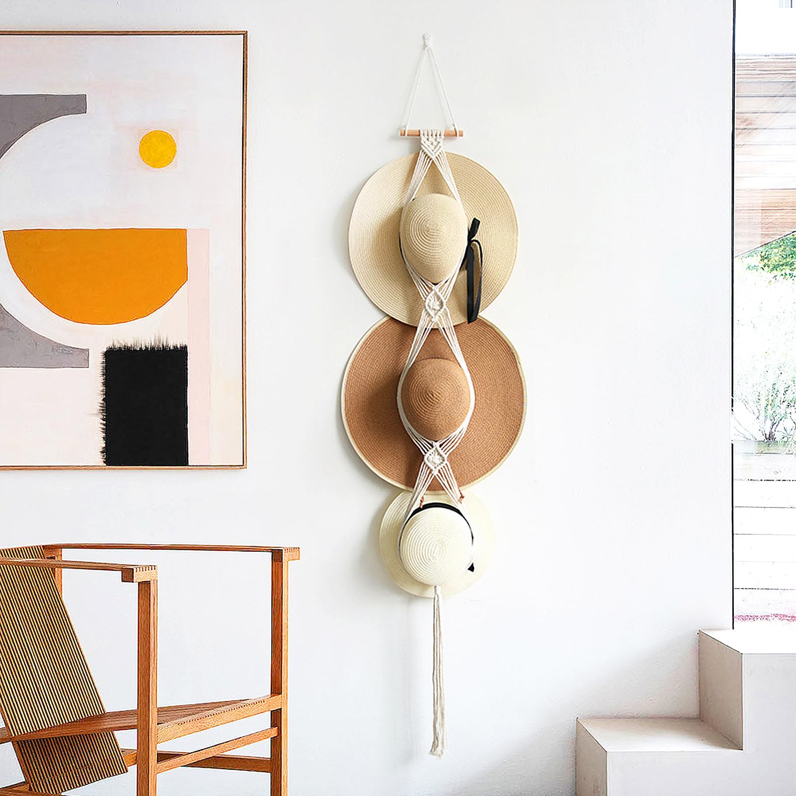 Appendiabiti Macramè Per Cappelli - Organizer Da Parete A 2 Strati, 129 Cm, Intreccio A Mano - Foto 4