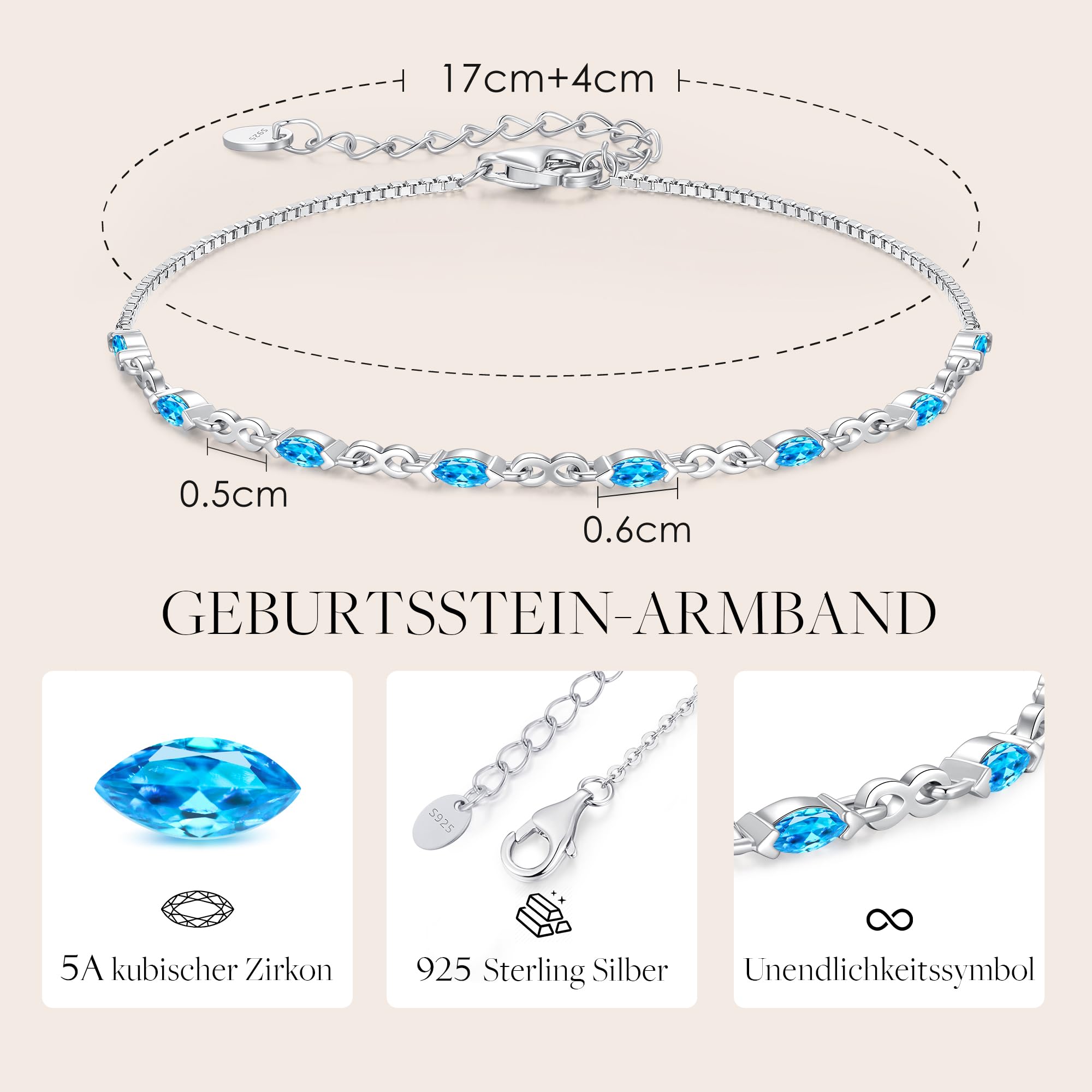 CDE Infinity Armband Silber 925 Damen mit Zirkonia Geburtsstein | Armbänder Verstellbares Armkette Damen Schmuck Muttertag Valentinstag Geburtstag Weihnachten Geschenke