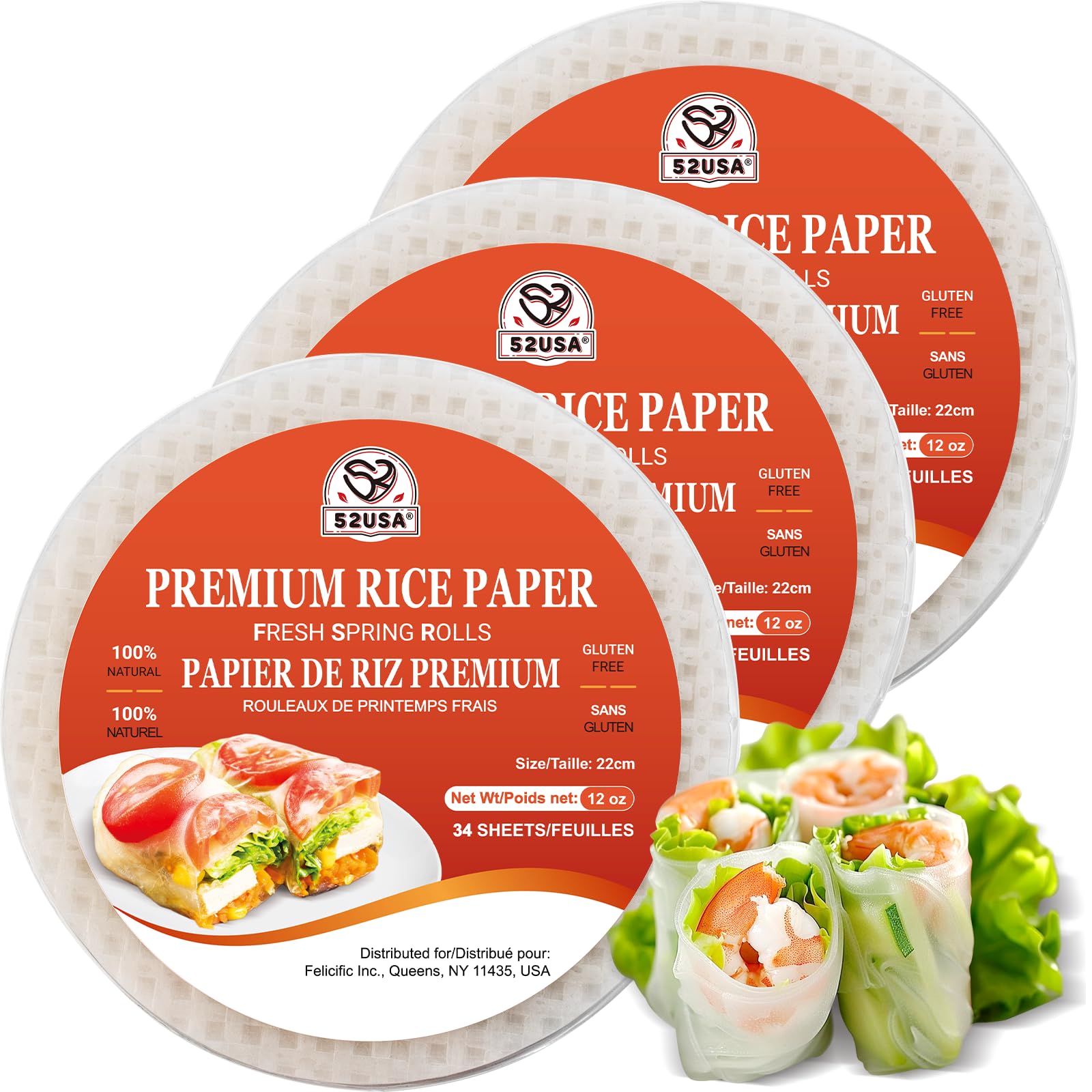 52USA Rice Paper, 3 Pack, Rice Paper Wrappers, Fresh Spring Roll Wrappers & Dumplings-102 Sheets, Gluten-Free Wonton Wrappers, Vegan, Low Carb, Vietnamese Rice Wraps (Round, 22cm)