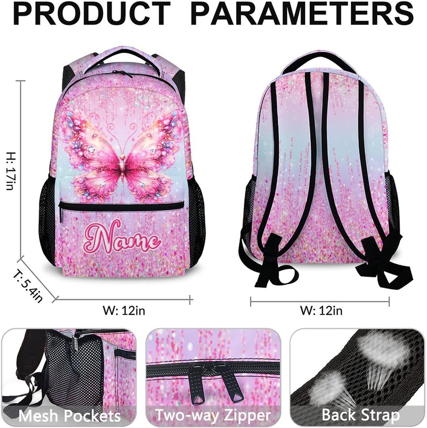 Personalized Backpack for Girls - Custom Butterfly Backpacks for Kids - 17 Inch Pink Butterfly Schoolbag for Preschool Kindergarten Primary - Lightweight Bookbag for School Travel