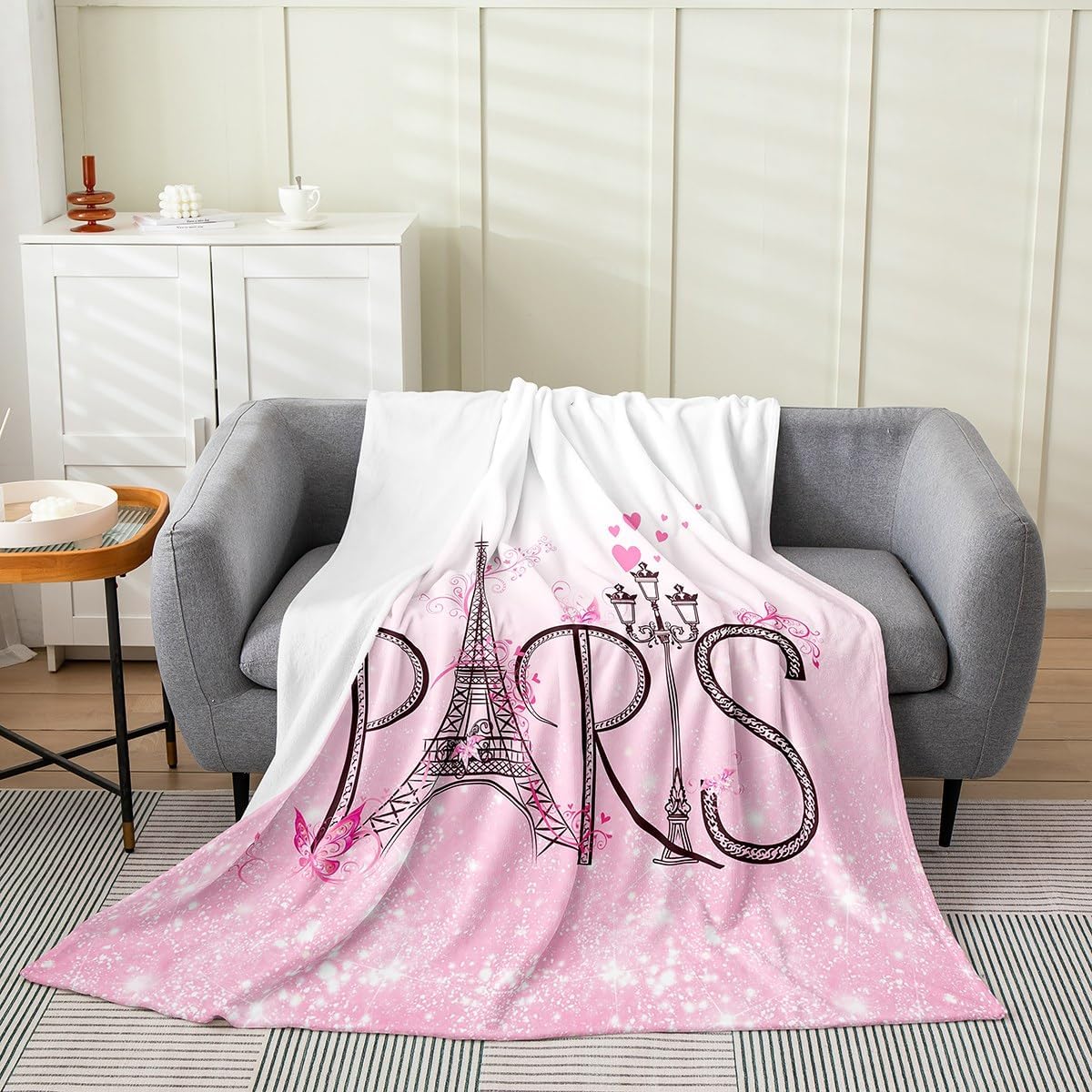 jejeloiu Eiffel Tower Fleece Throw Blanket Twin 60"x80" Paris Flannel Blanket Plush Fuzzy Romantic Floral for Bed Couch Chair Living Room Microfiber