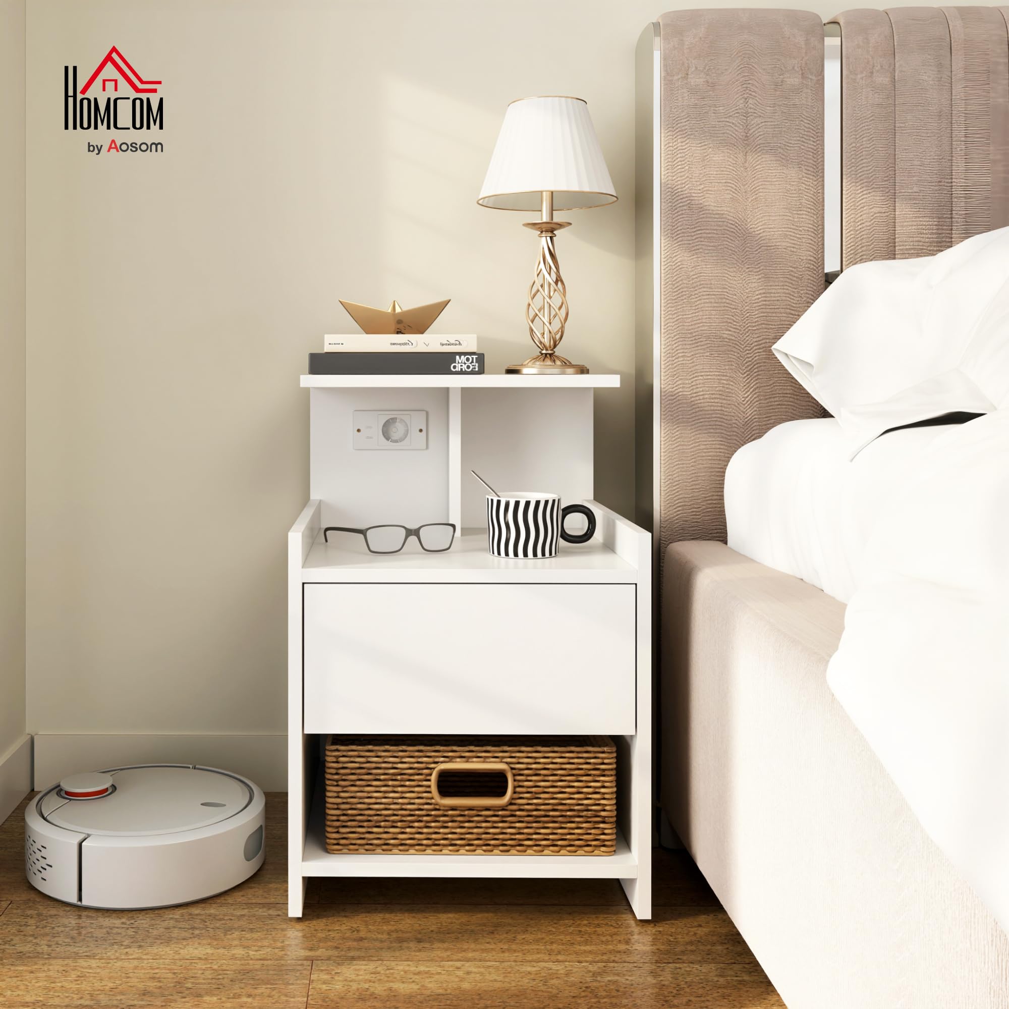 HOMCOM Mesita de Noche con Estación de Carga Cajón 40x40x60 cm Blanco | Mesilla de Noche Dormitorio, Puertos USB, Estantes Abiertos, para Salón, Estudio